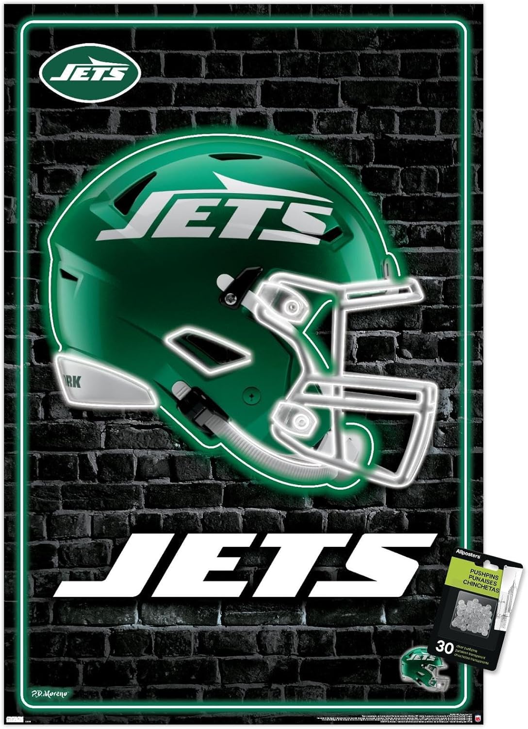 NFL New York Jets - Neon Helmet 24 Wall Poster with Push Pins, 22.37" x 34.00", Poster & Push Pin Bundle