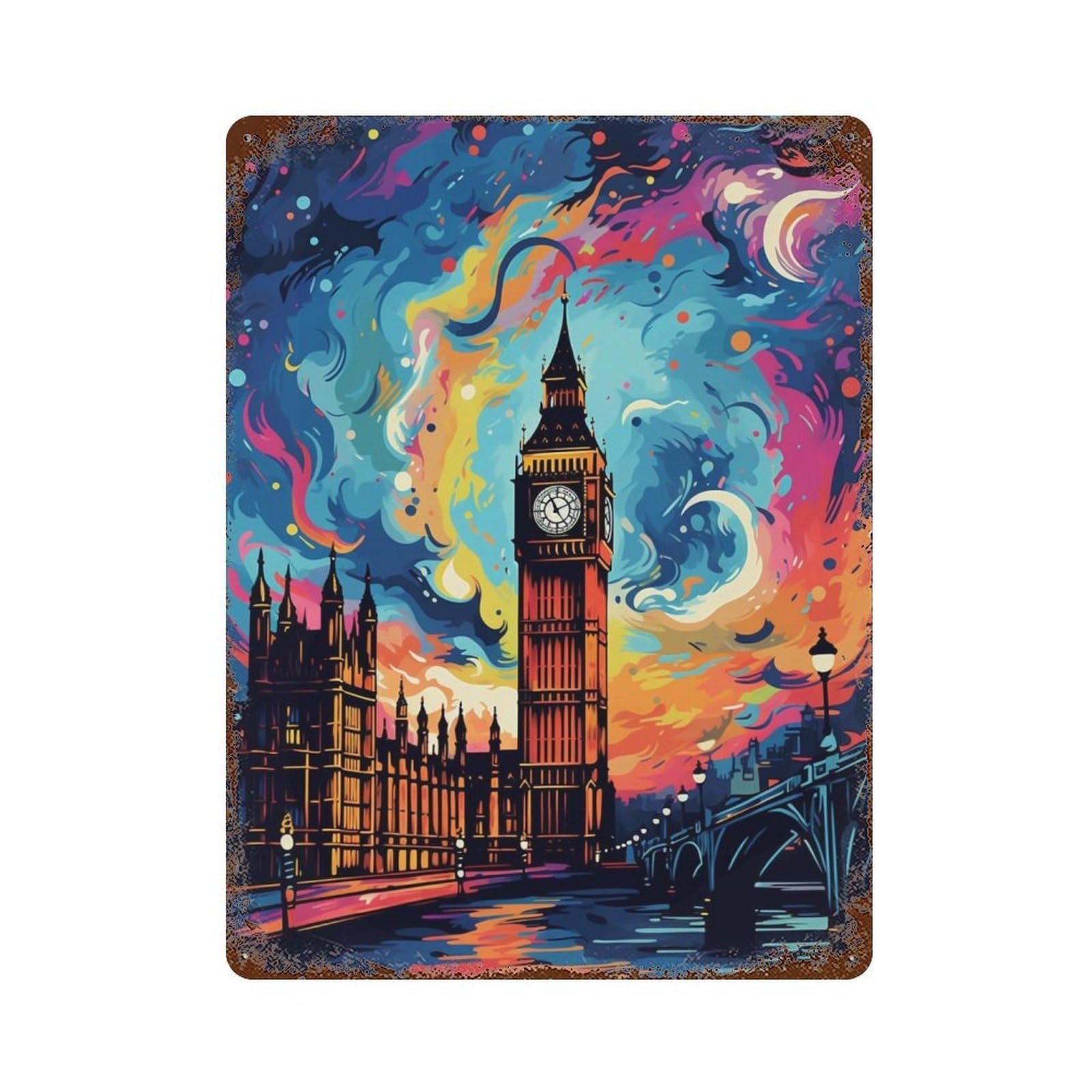 Garage Style London's Vibrant Night Sky -1 Rusty Metal Tin Sign 15.7"x11.8", Decorative Metal Wall Art for Bar And Workshop