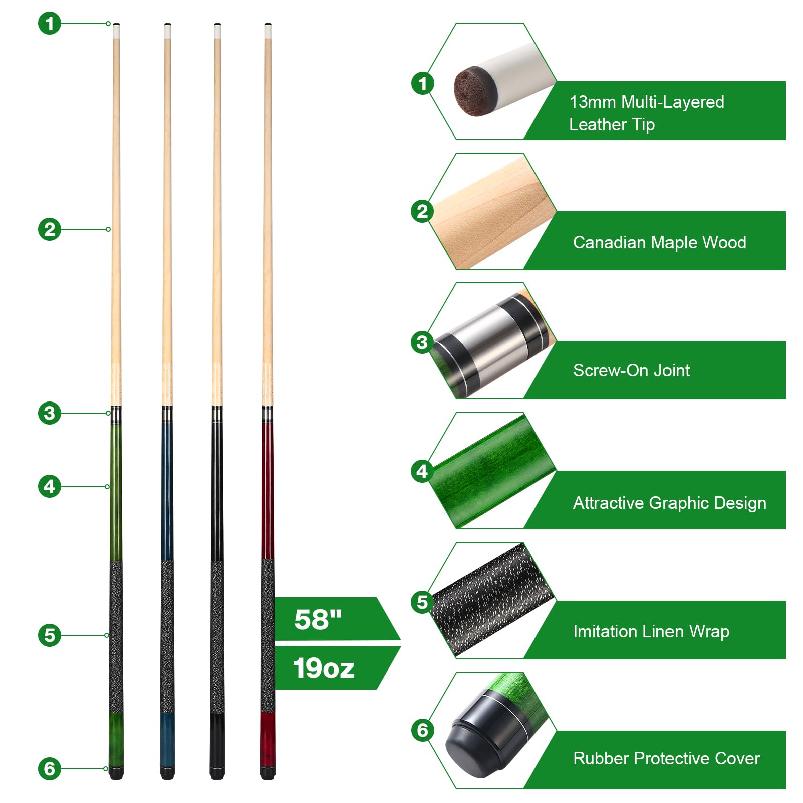 Pool Queue, 58 Zoll Billard Queue Kanadischer Ahornholz Pool Cue 13mm Spitzen für Professionelle Billardspieler, 1/2 Maple Queue Sticks für Billard Tisch Sport