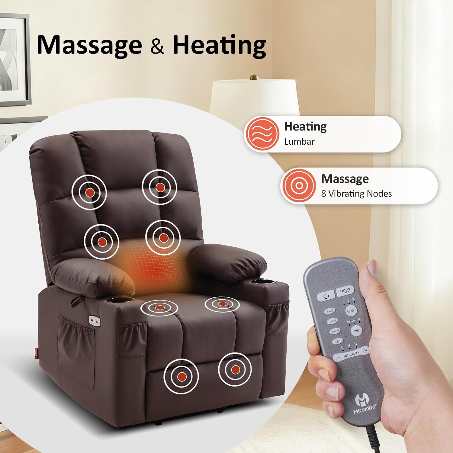 MCombo Dual Motor Power Lift Recliner Chair for Elderly, Massage and Heat, Lay Flat, Zero Gravity, Home Button, USB Port, Faux Leather 7680 (Light Brown, Large)