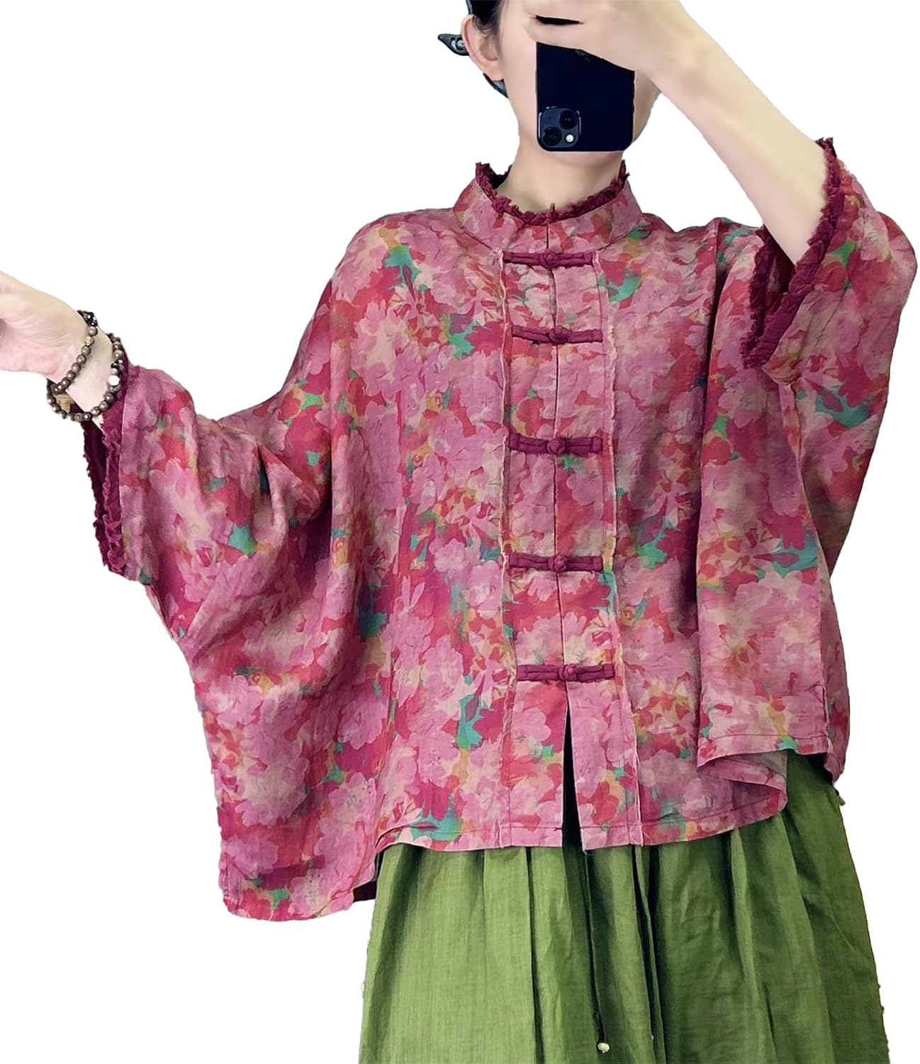 Boho Ramie Tunic Top Women's Loose Fit Chinese Button Shirt Breathable Oversized Summer Casual Coat