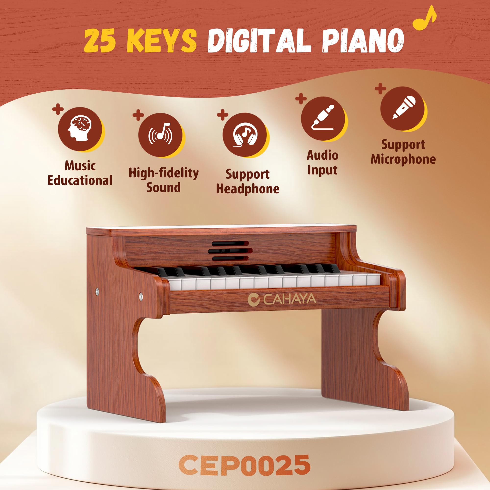 CAHAYA Piano Infantil de 25 Teclas - Piano Eléctrico para Niños de Madera con Partituras de Pianos y Pegatinas Indicadoras de Notas El Regalo Ideal para Jóvenes Músicos