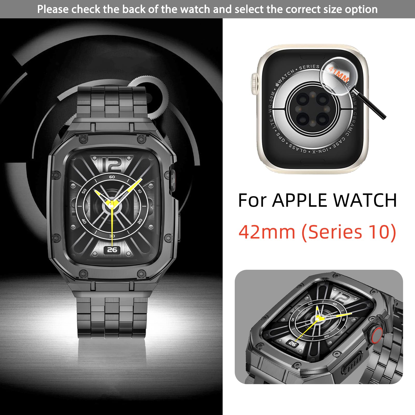 MioHHR Étui de montre en acier inoxydable avec bracelets compatibles avec les bracelets Apple Watch 49 mm, 46 mm, 45 mm, 44 mm, 42 mm, 41 mm, 40 mm, 38 mm, coque en métal avec bracelets iWatch pour
