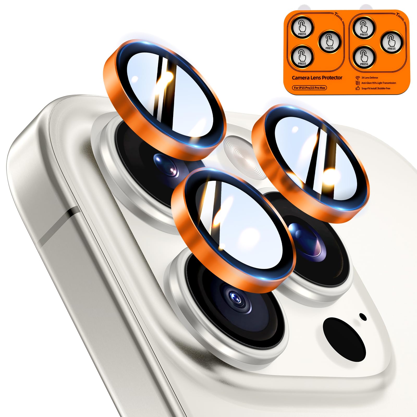 TOCOL for iPhone 15 Pro Max Camera Lens Protector/iPhone 15 Pro Camera Lens Protector Tempered Glass HD Individual Scratch Resistant Cover Accessories Case Friendly 2 Pack（Orange）