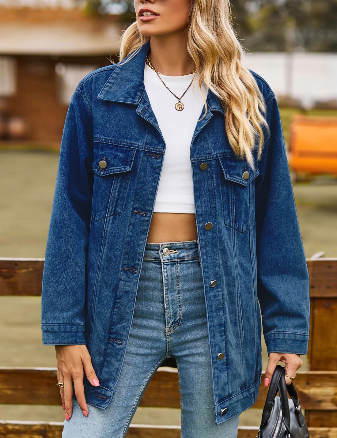 Chaqueta vaquera informal para mujer, holgada, con botones, cuello alto, manga larga, largo