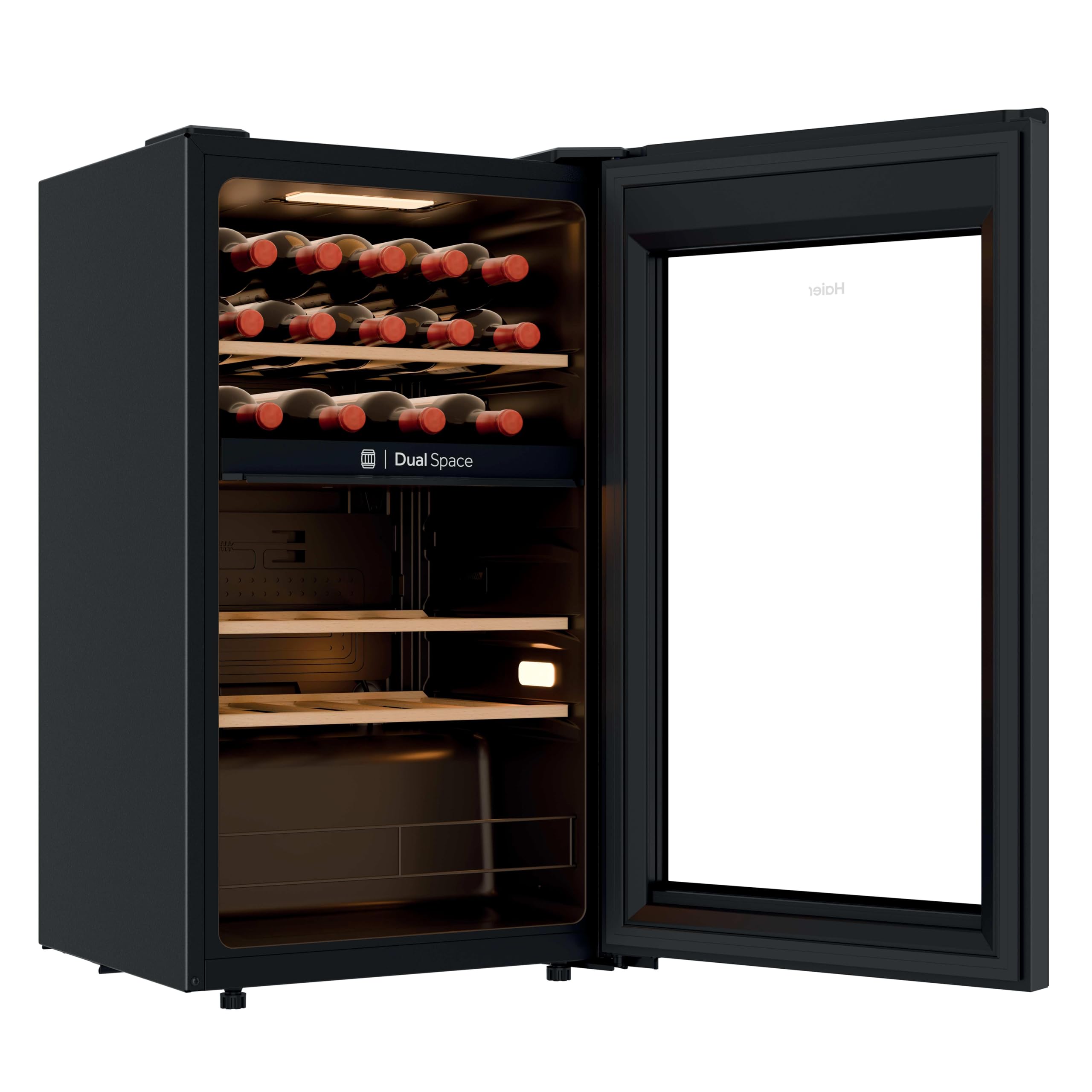 Haier Wine Bank 50 Series 5 HWS32GDG - Vetrina da 32 bottiglie, 2 zone indipendenti, ripiani in legno, filtro anti-UV, sistema anti-vibrazione, display digitale, illuminazione a LED, 37 dbA, nero