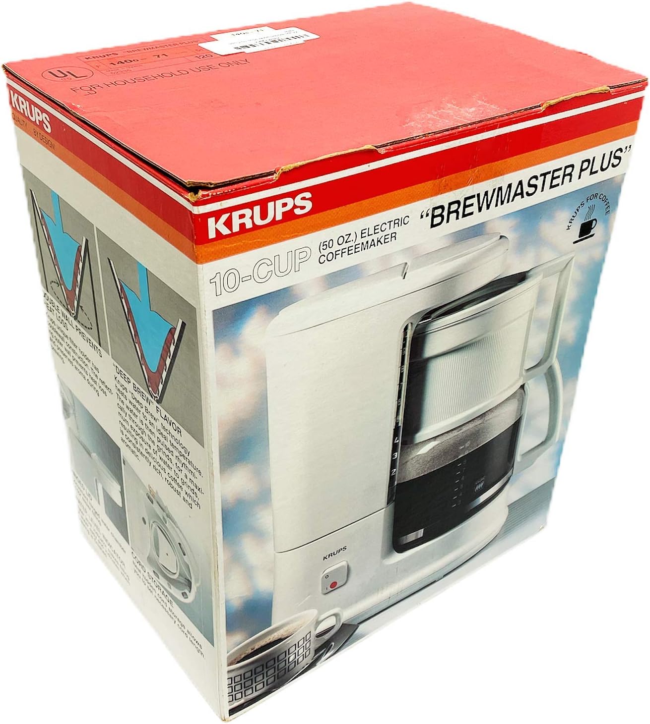 En angle view of the KRUPS Brewmaster Plus 10-Cups coffeemaker packaging box, showing side features.