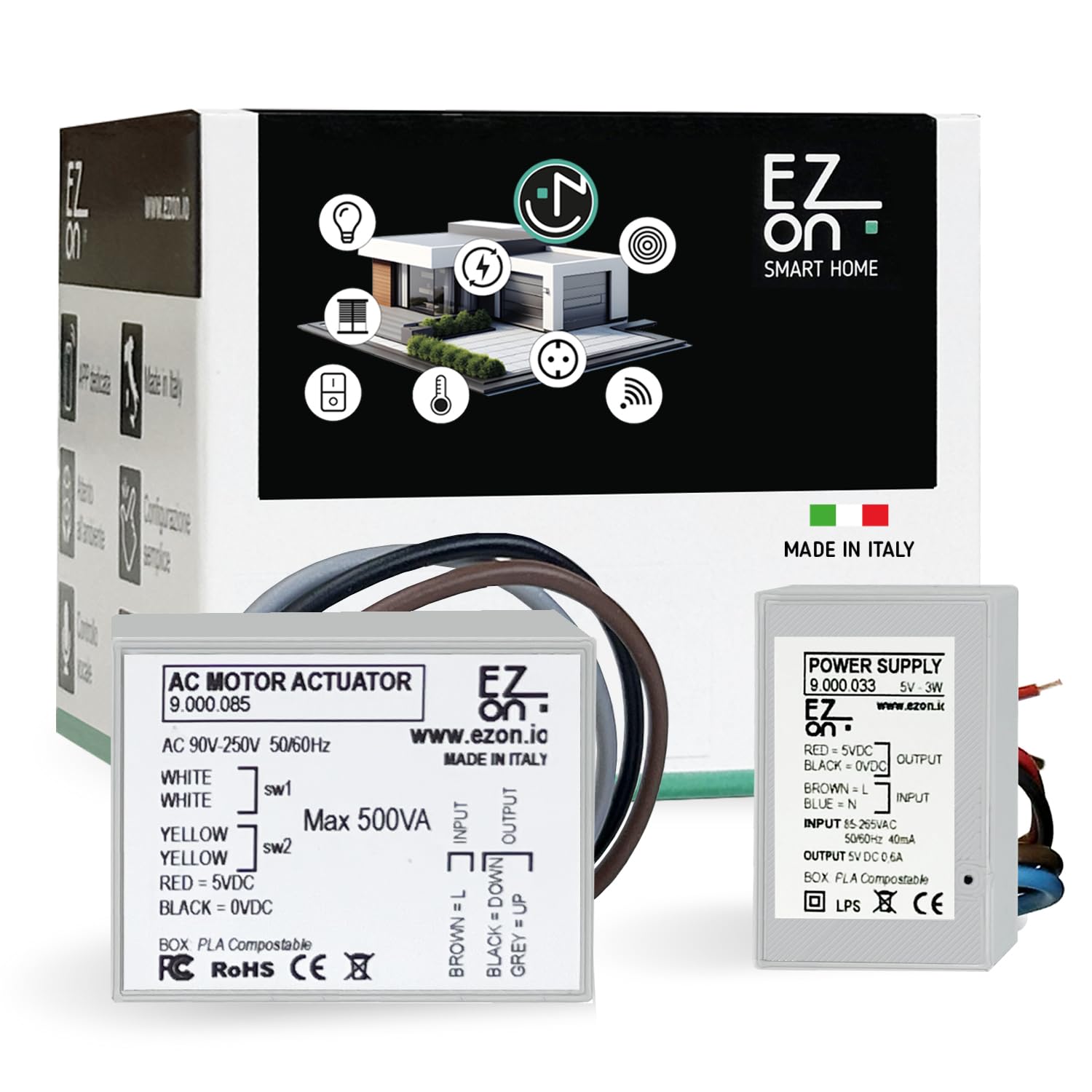 Kit completo Comando 1 Tapparella - Modulo di comando Smart per Tapparelle Elettriche, Sistemi di Oscuramento e tende, Controllo remoto con App ezon.io, Vocale con Alexa e Google Home