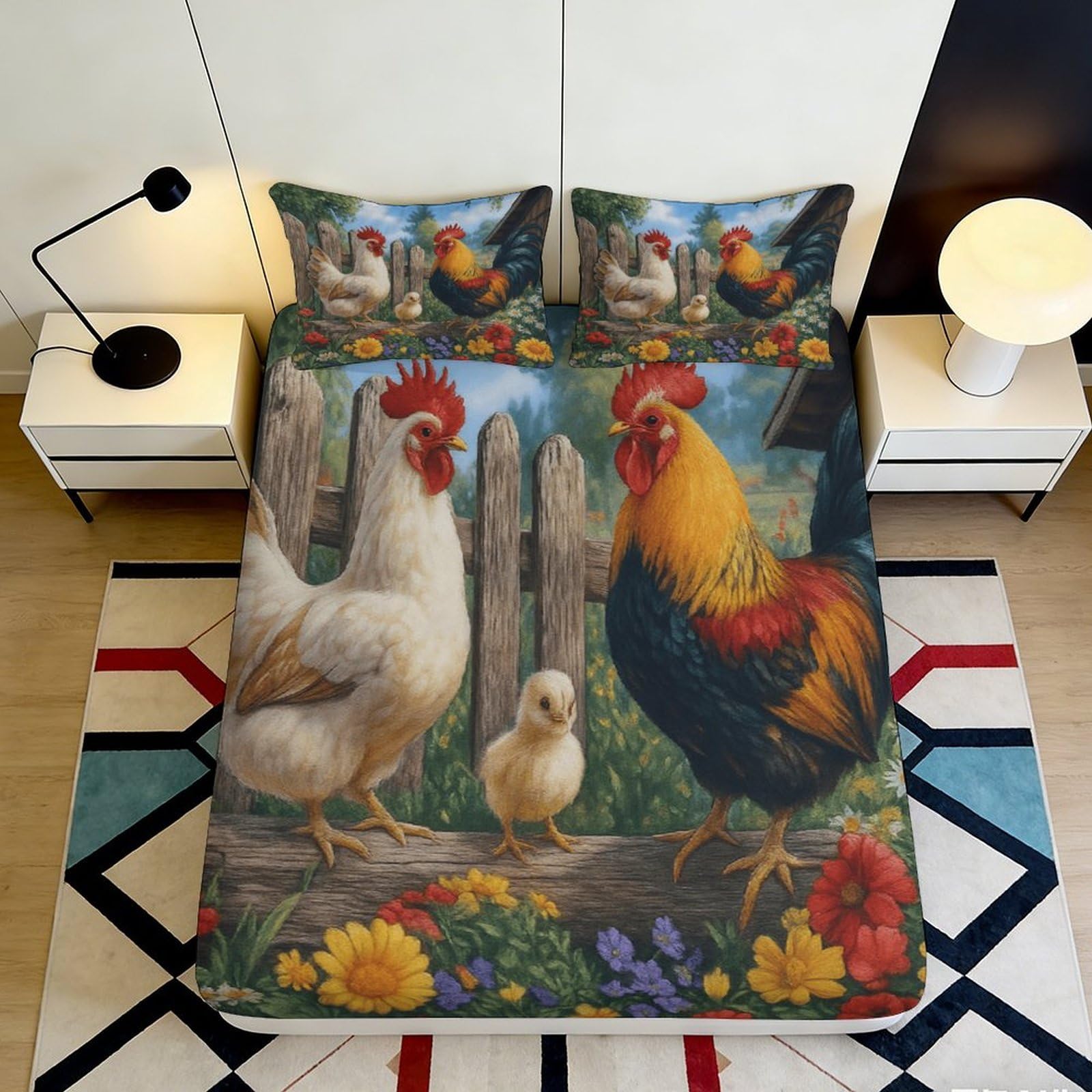 3D Printed Rooster Chicken Family Fitted Sheet Microfiber Soft Farm Animal Bed Cover for Bedroom Guest Room Decor 90x200x25cm