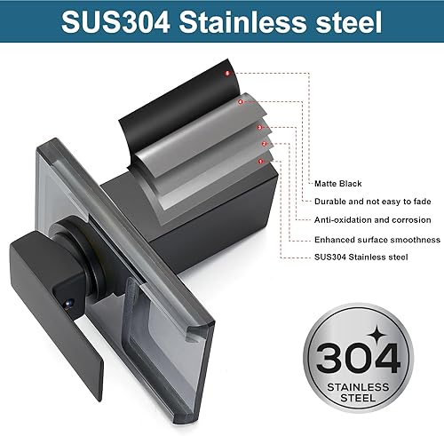 Miniatura 9 de Midanya Grifo de lavabo de baño LED negro mate, grifo de baño con boquilla de vidrio abierto en cascada, mango único, 3 colores cambiantes, grifos