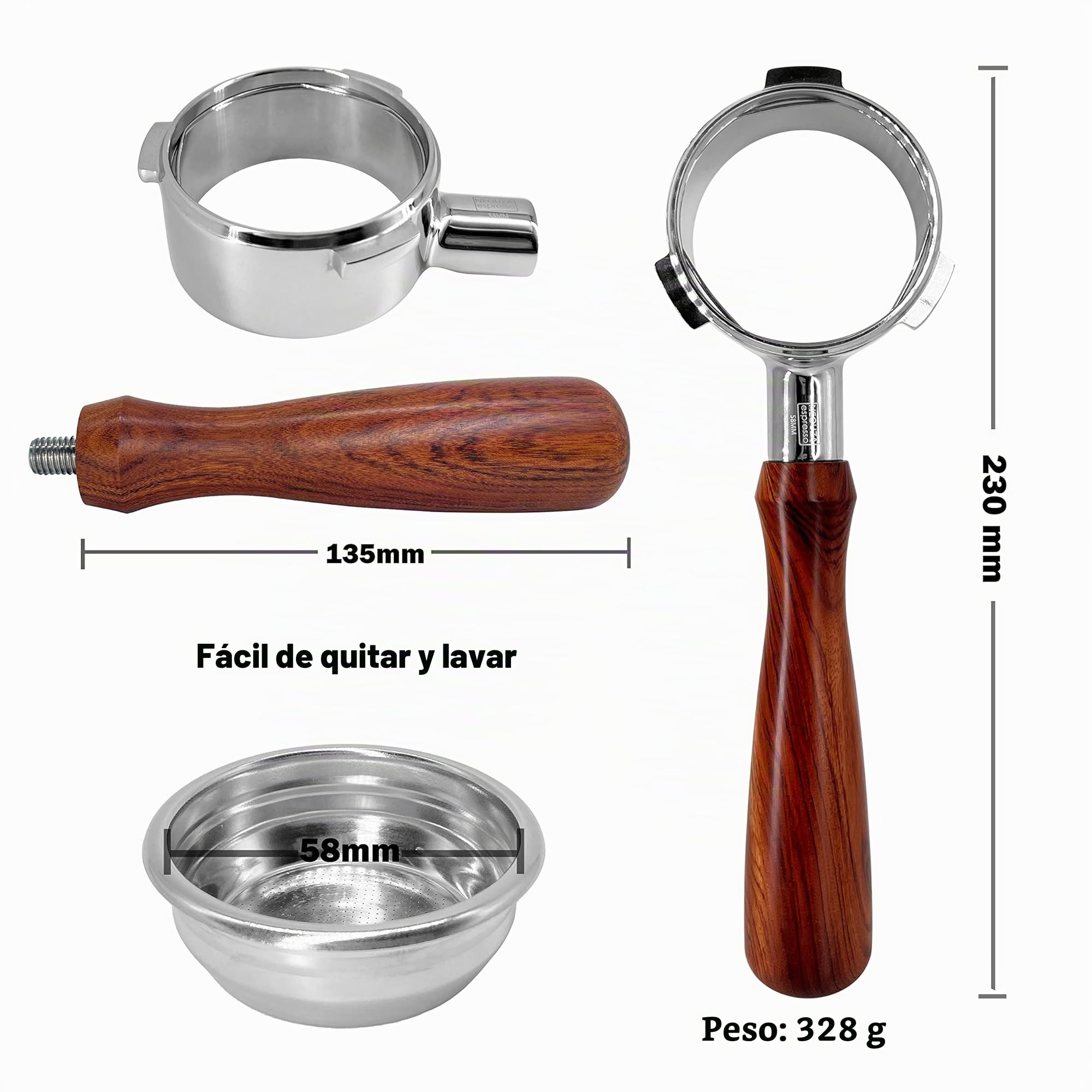 NEOUZA Portafiltro de tres orejas sin fondo de 58 mm para cafetera espresso compatible con SMEG EGF03 Breville Sage Barista Max de acero inoxidable (juego de regalo)