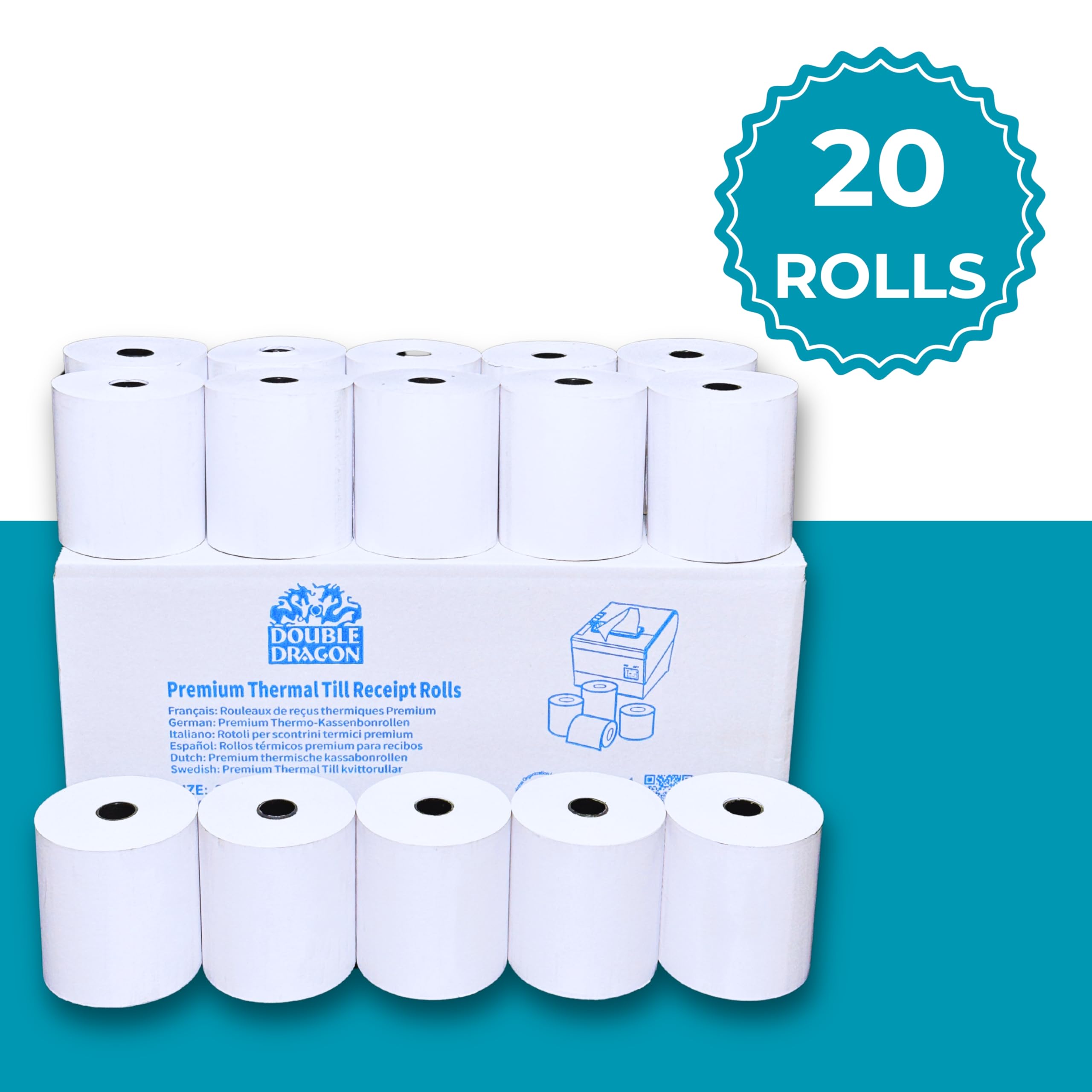 Double Dragon Rouleau Papier Carbone Sans Thermique 3 Couches 76 x 76 mm pour Imprimante Cuisine, Calculatrice d’Impression, Ticket de Caisse - 20 Rouleaux