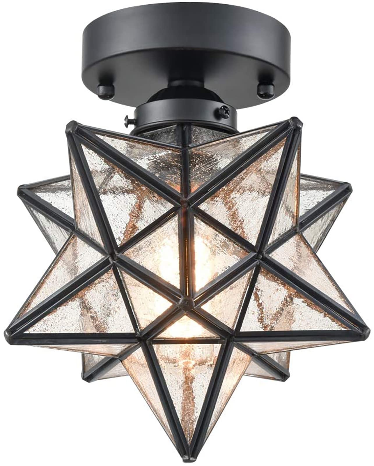 Brass Moravian Star Light Flush Ceiling Lights Seeded Glass Shade Boho Moroccan Ceiling Lamp for Kitchen Foyer
