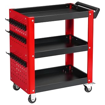 3 Tier Rolling Tool Cart, Red and Black Load Capacity of 1000 LBS
