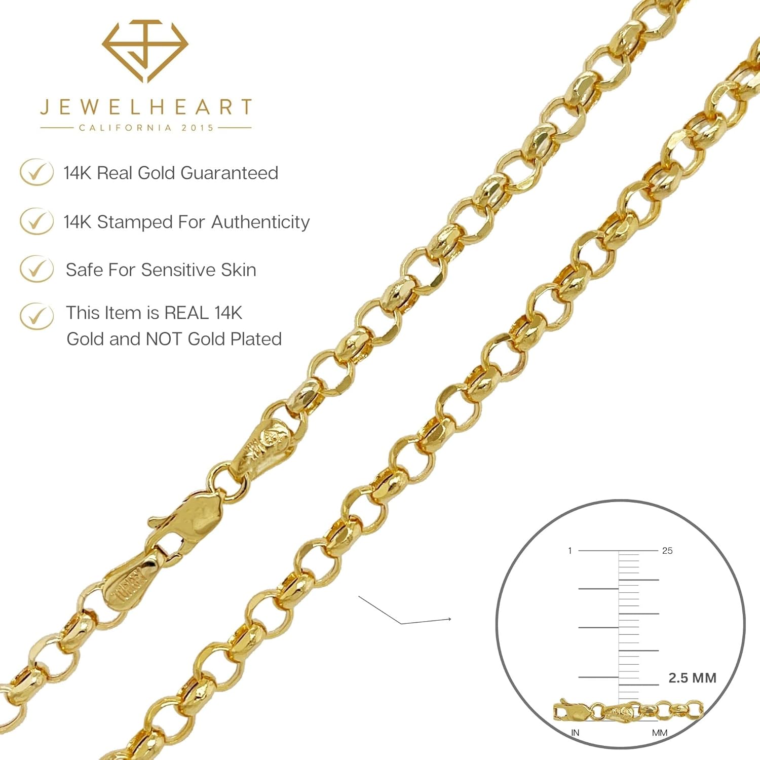 JEWELHEART 14K Yellow Gold Rolo Chain Necklace for Women & Men, Real Diamond Cut Round Link Chain for Pendant with Lobster Clasp, Genuine White Gold Necklace 16–24 Inch, 1.5mm–5.2mm