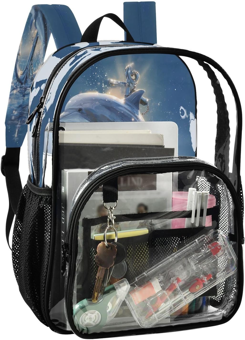 Dolphin Anchor Ocean Sea Clear Backpack Heavy Duty See Through Transparent PVC BookBag for Kids Boy Girl School Work