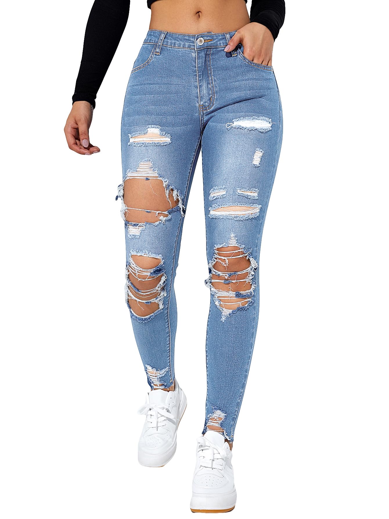 Floerns Women's Cut Out Ripped Jeans Raw Hem High Waist Skinny Denim Pants