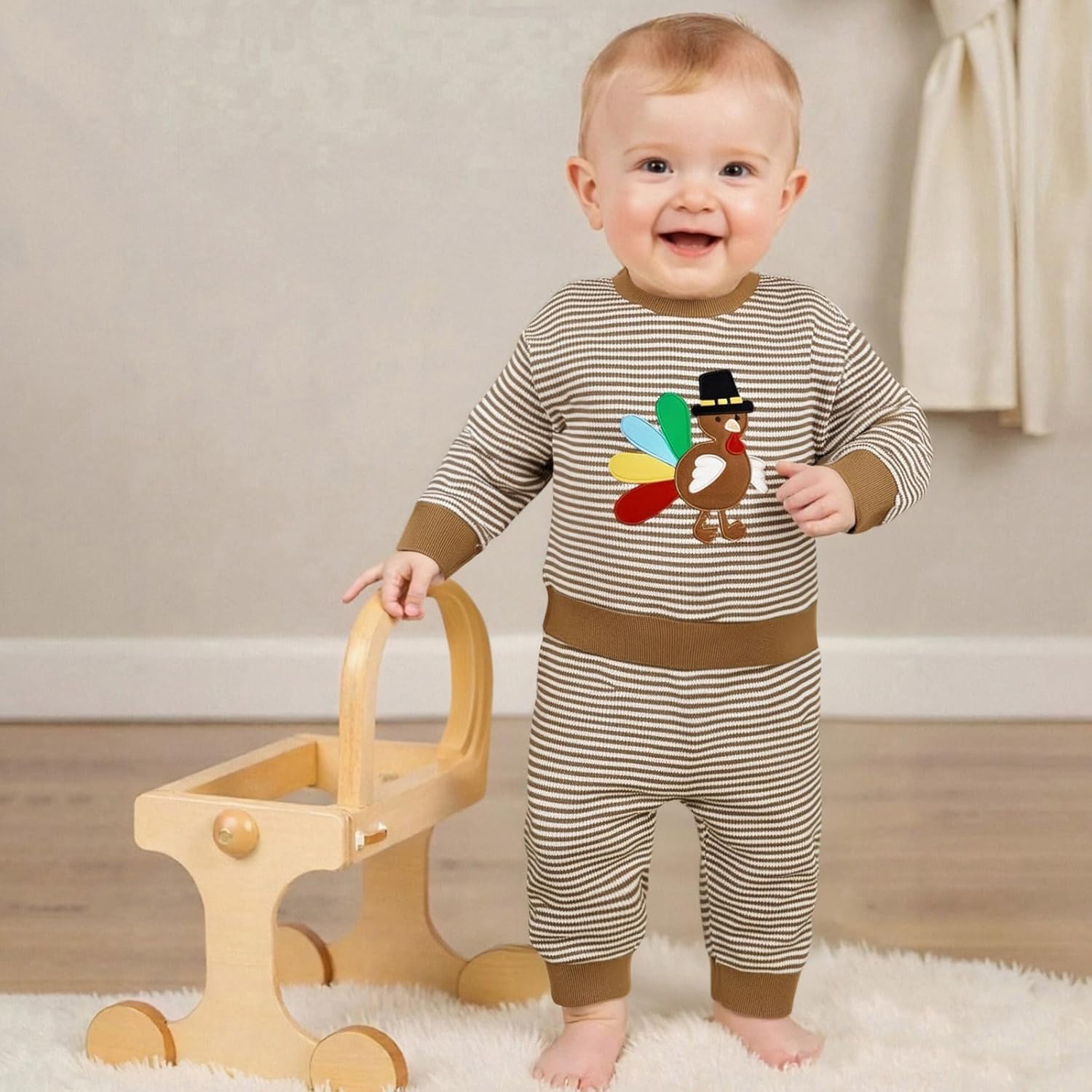 Toddler Baby Boy Girl Thanksgiving Outfit Turkey Embroidery Striped Waffle Knit Long Sleeve Sweatshirt and Pants Set - Image 7