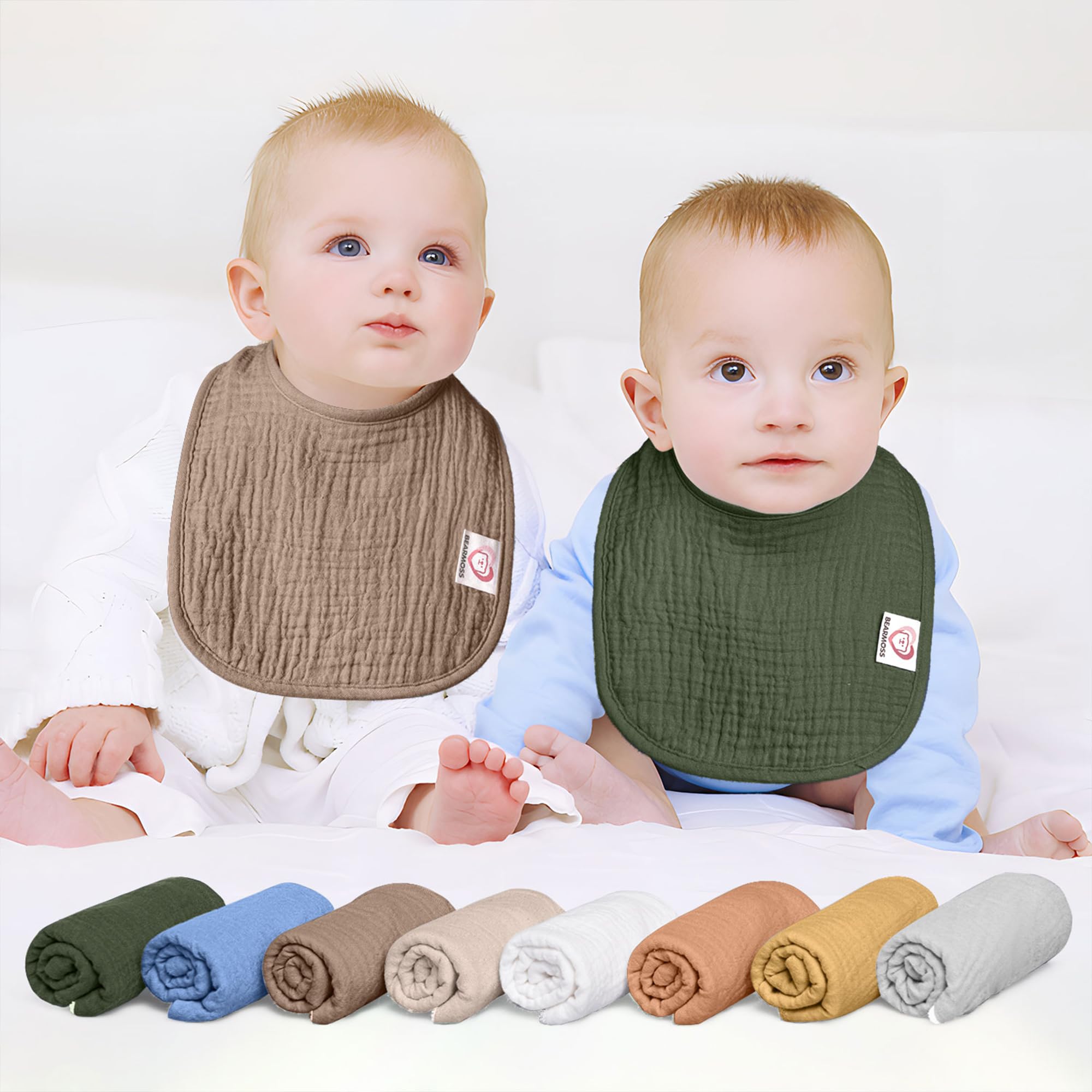 bearmoss Bavaglino Neonato, 100% Cotone, Bavaglino Quadrato per Bambini, Bavaglini Regolabili, Morbidi Bavaglini per Bambini e Bambine, 8 Pezzi