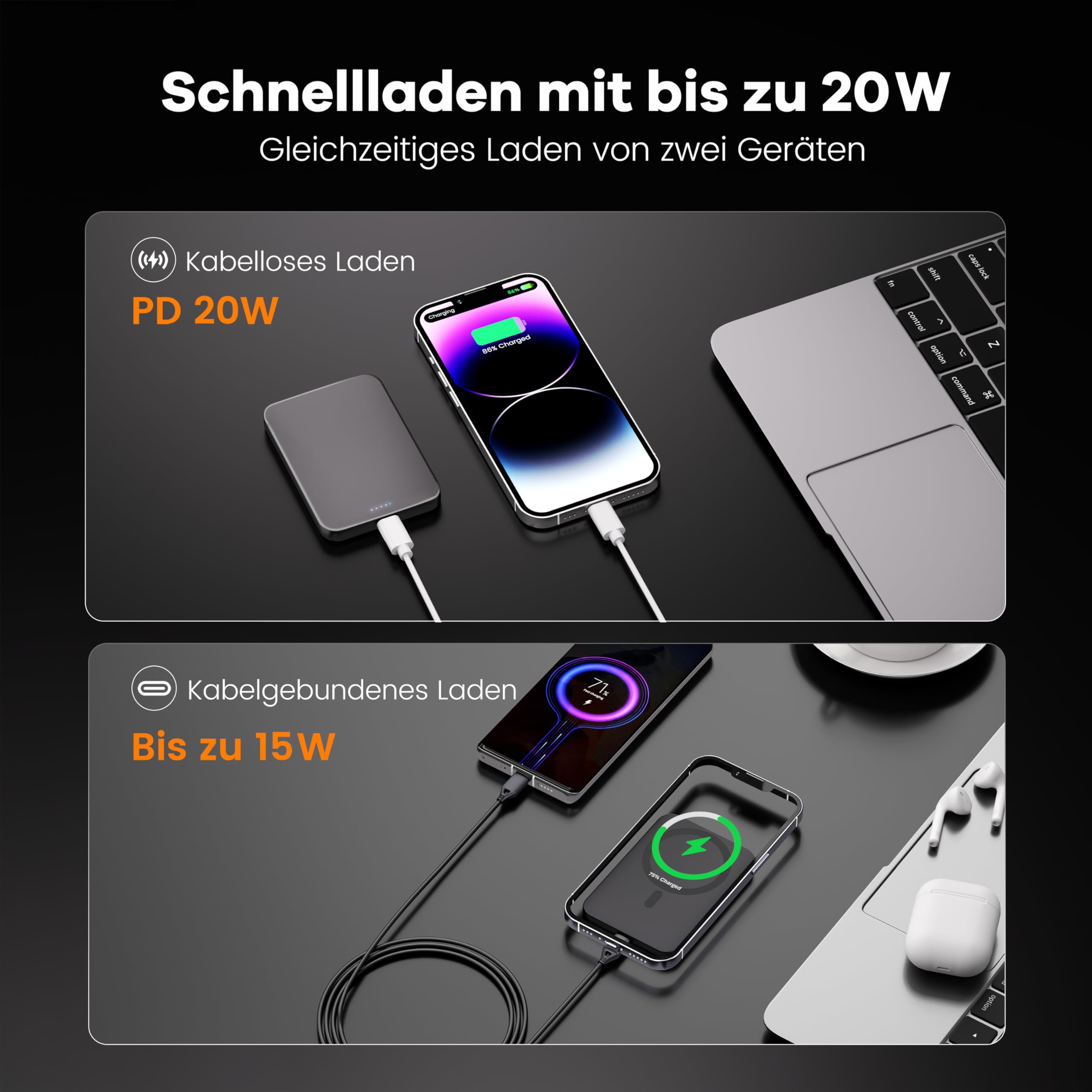 Kstime Magnetische Powerbank, 10000 mAh, 14 mm, ultradünnes Titan-Design, PD20W, kabelloses tragbares Ladegerät mit USB-C-Eingang und Ausgang, kompatibel mit iPhone 17/16/15/14/13/12 Serie (Orange)