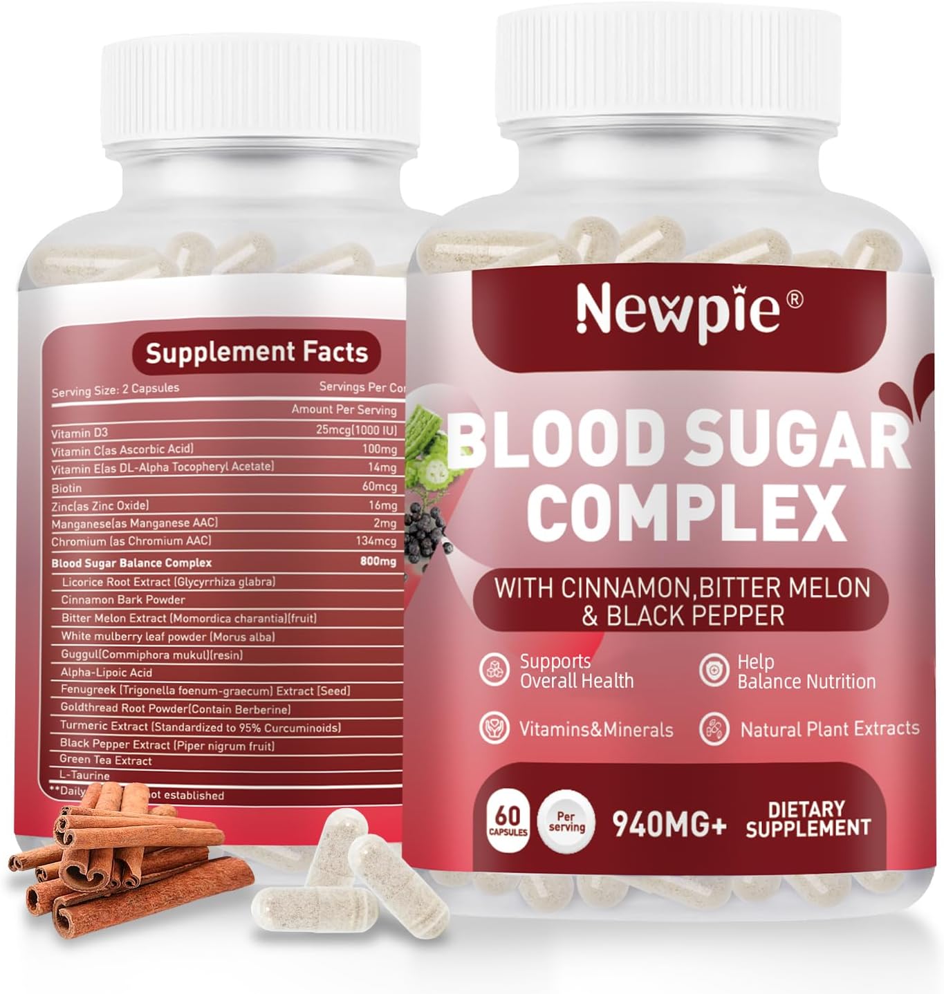 Blood Sugar Complex Supplement – Natural with 20 Active Herbs and Vitamins, Including Cinnamon, Bitter Melon, Black Pepper, Licorice, Vegan, Non-GMO, Gluten-Free, 120 Capsules