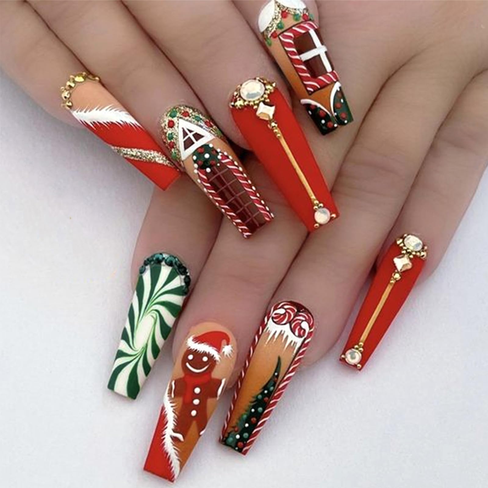 Christmas Long Coffin Square Press-on Nails With 3D Rhinestones - Snowman, Xmas Tree Designs - Colorful Crutch Full Cover Matte Acrylic False Nails for Women - 24Pcs