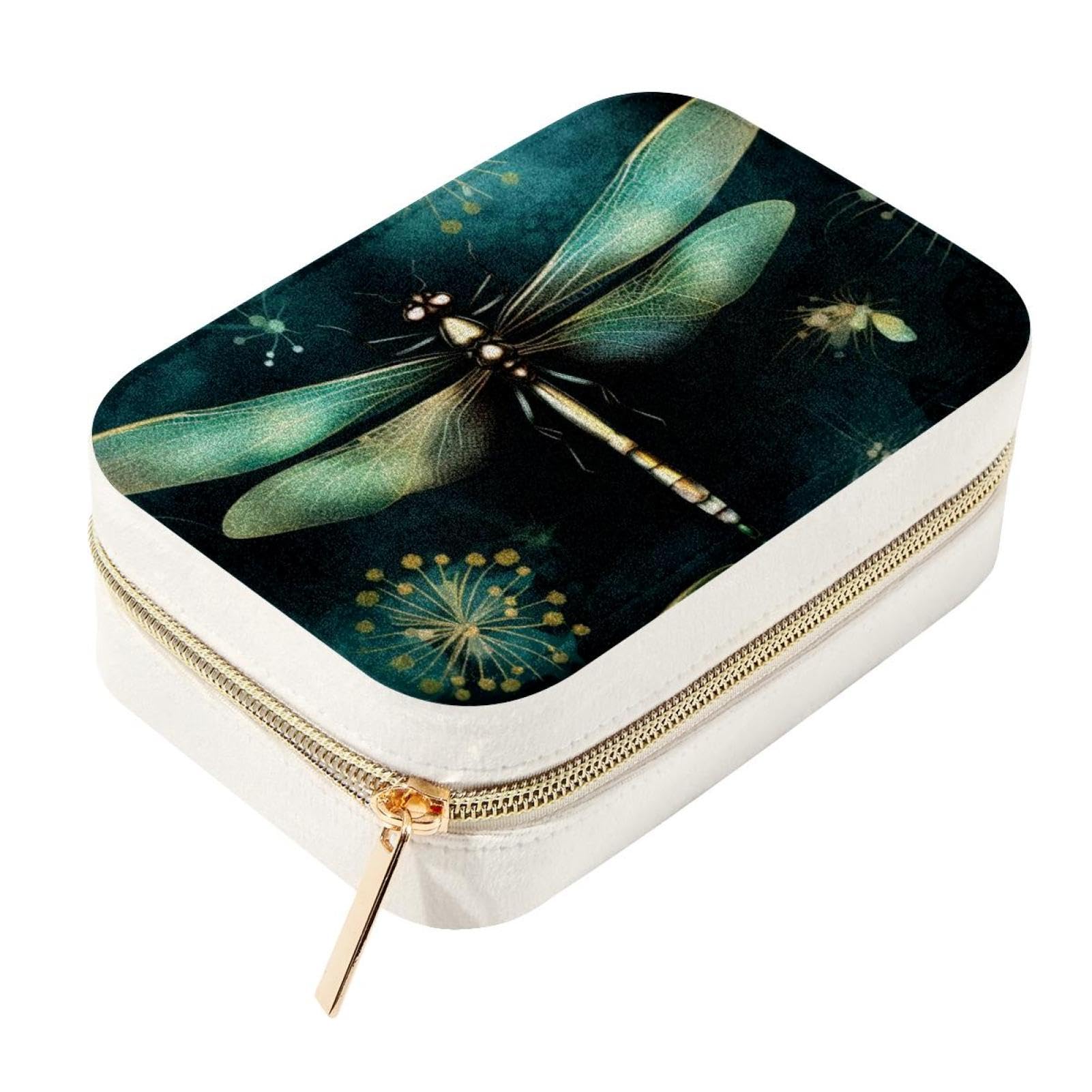 Boîte à bijoux libellule en cuir vegan, coffret de rangement premium double couche