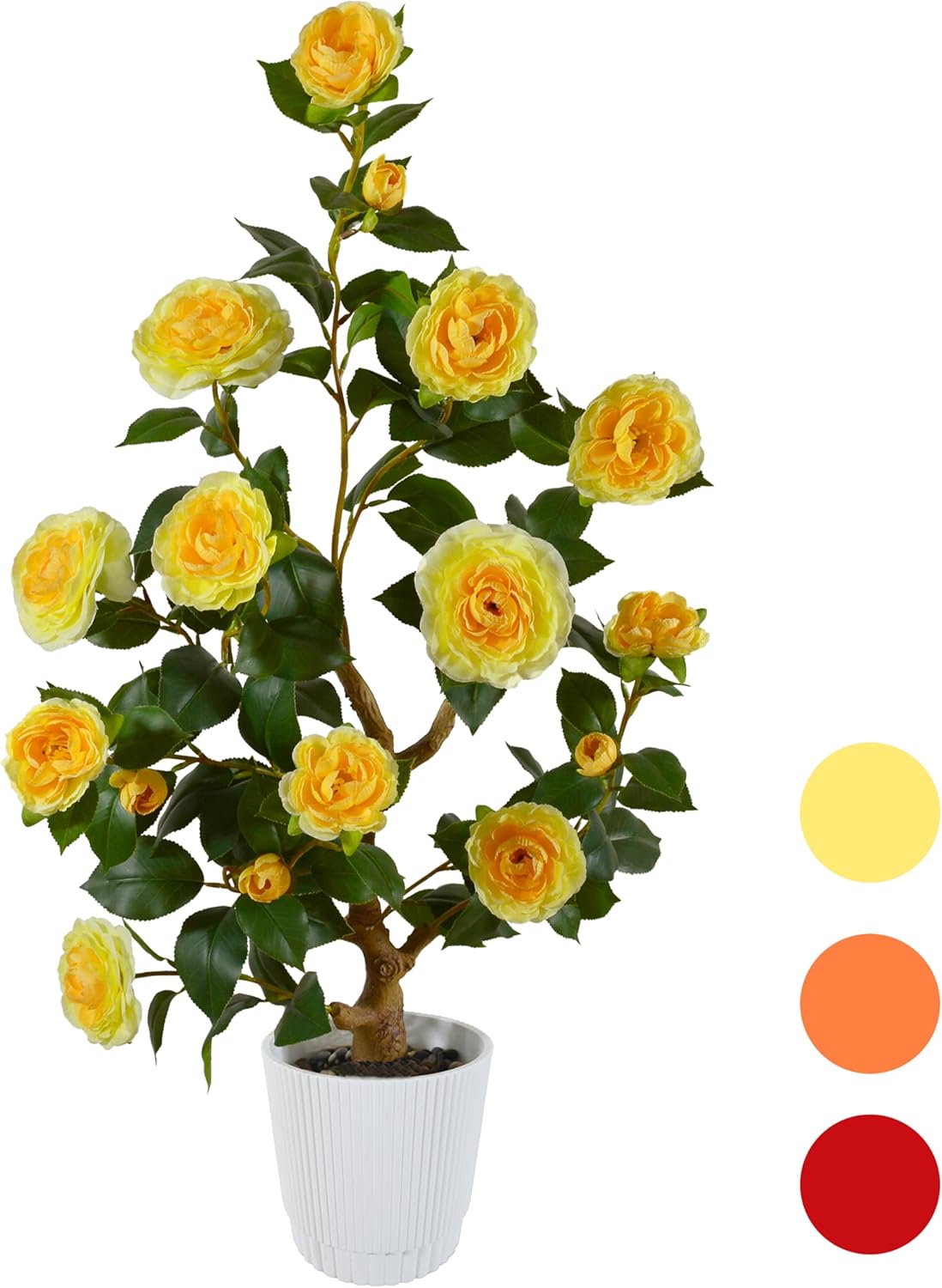 Artificial Camellia Tree 3ft, Fake Plant in White Pot, Faux Camellia Silk Flower Potted Tree for Indoor Outdoor Home Livingroom Office Decor (Yellow) Yellow 3ft