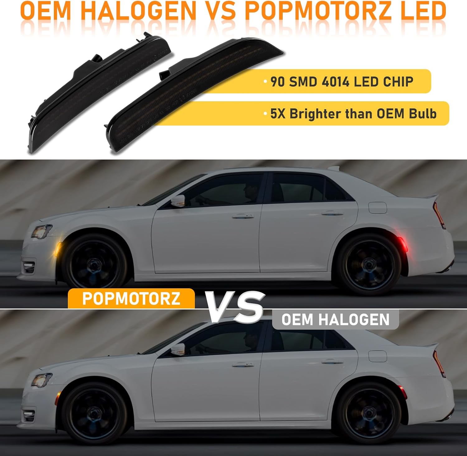 POPMOTORZ Full LED Front Rear Side Marker Lights Kits 4 Pack Compatible With 2015 2016 2017 2018 2019 2020 2021 2022 2023 2024 Chrysler 300 Fender Amber/Red LED Side Marker Lamps Smoke Lens