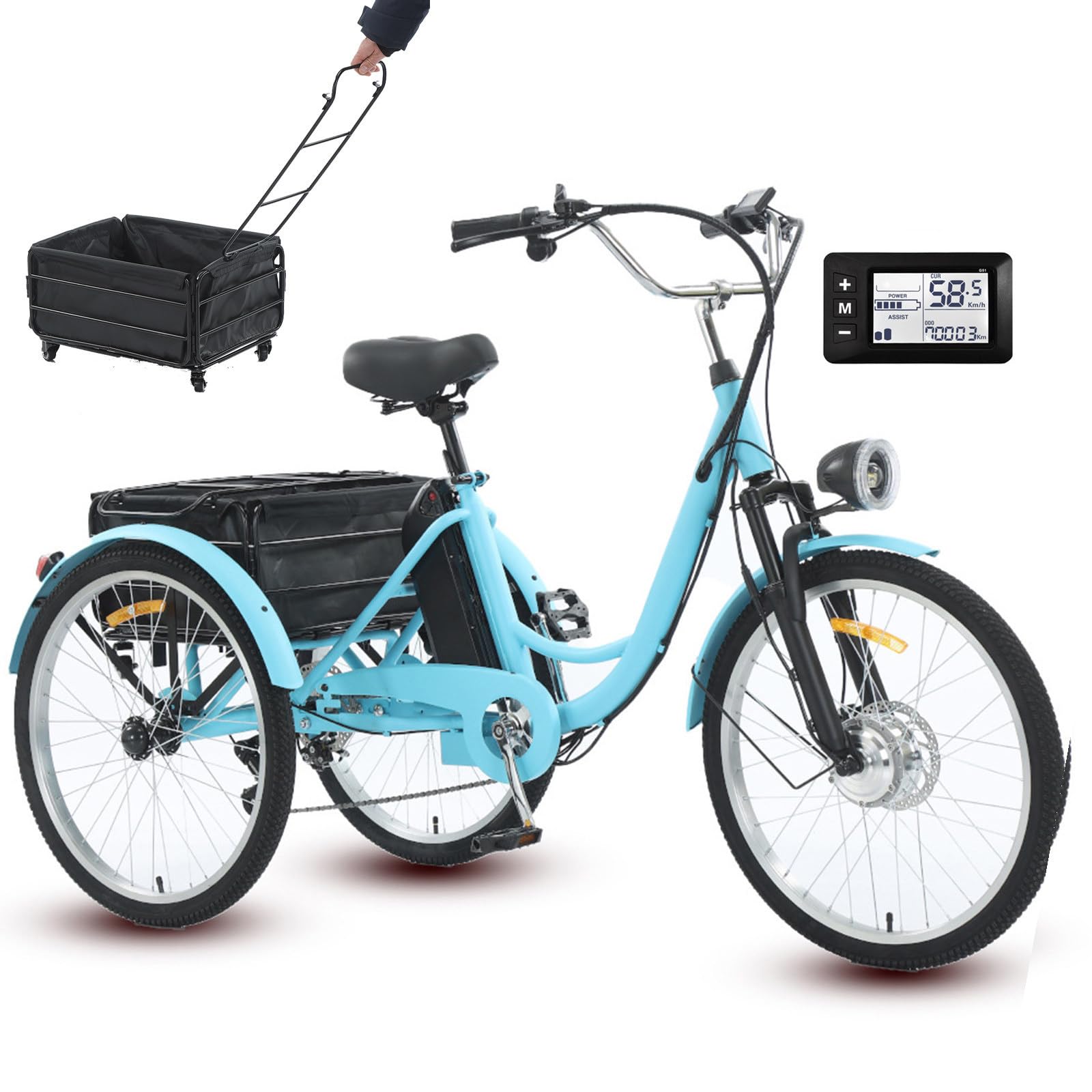 Triciclo elettrico premium per adulti e anziani, 24'', 7 velocità, 250W 36V 13AH, autonomia di 35 km, ampio cestino, display LCD e faro, ideale per la spesa in famiglia.