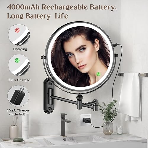 Miniatura 8 de Espejo de maquillaje iluminado con base estrecha de dos dedos de ancho, recargable montado en la pared, 3 luces de color, pantalla táctil regulable,