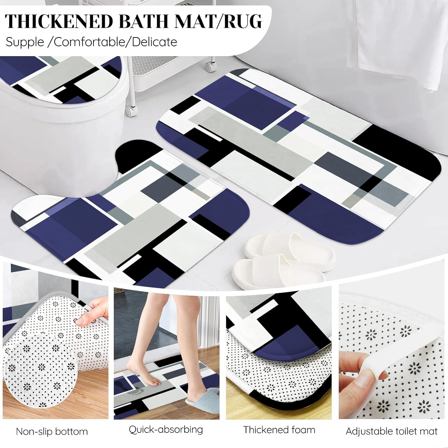 Blue Bathroom Sets with Shower Curtain and Rugs, Bathroom Accessory Set with Shower Curtain,Bath Rugs, Trash Can, Toilet Brush Holder Set & Soap Dispenser