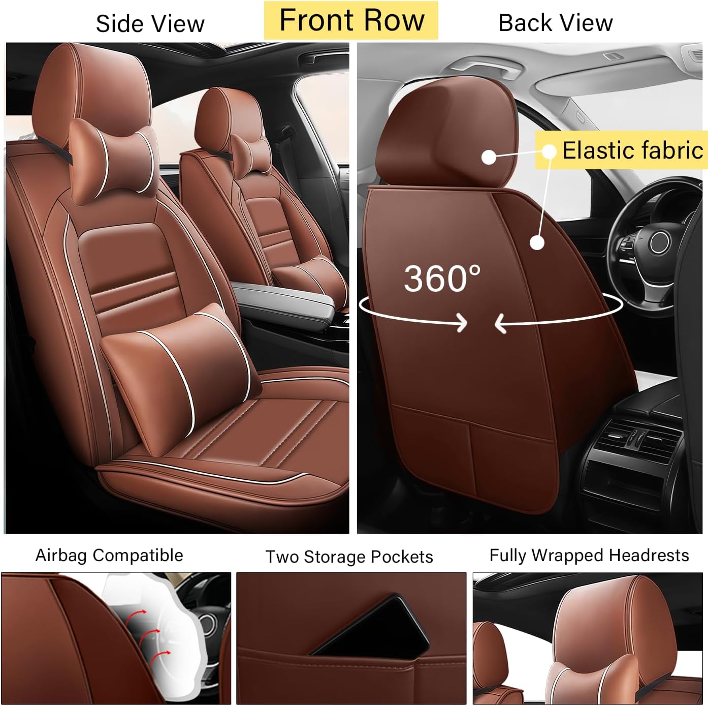 Leather Car Seat Covers Fit for Buick Enclave 2008-2023, Car Seat Cover 7 Seat, Non-Slip and Waterproof Full Set with Pillow Accessories (Coffee)