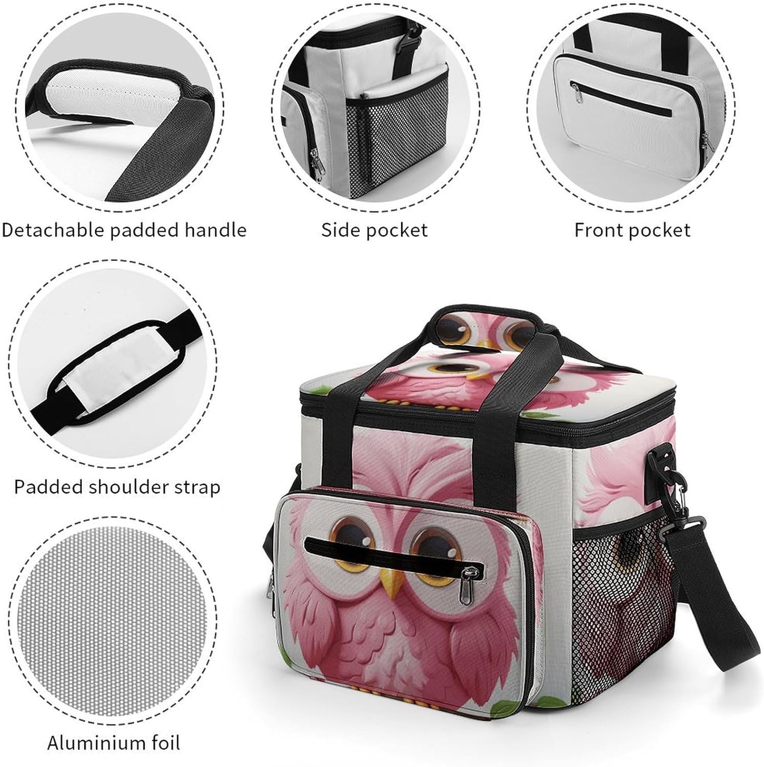 A Pink Owl Cooler Bag Portable Insulated Lunch Bags Leakproof Ice Chest Large Capacity Soft Cooler Tote for Picnic Camping Work Travel Keep Food Drinks Fresh 22.5L
