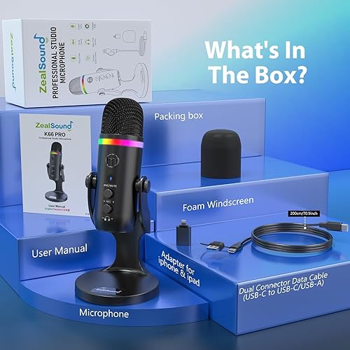 Miniatura 7 de ZealSound Micrófono USB para iPhone, micrófono condensador de cancelación de ruido con silencio táctil, ganancia, eco, monitoreo, RGB para iPad, PC,