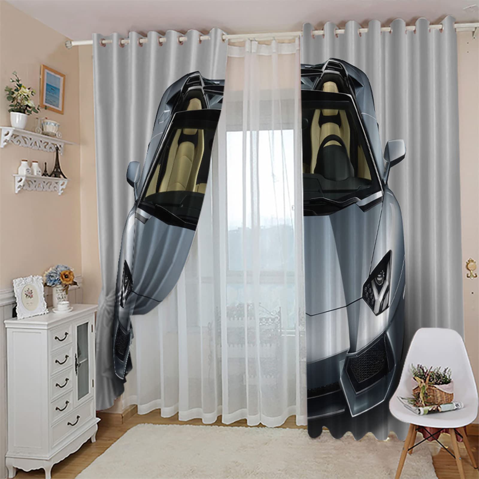 Cortinas Habitacion Juvenil Opacas 2 Piezas 3D Superdeportivo Patrón Cortinas Salon Dormitorio Modernas para Ventanas Decoración para Hogar 264X240Cm Termicas Aislantes con Ojales