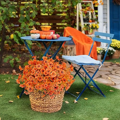 Miniatura 4 de Paquete de 12 flores artificiales de otoño naranja, para interiores y exteriores, tallos florales de seda sintética para el hogar, jardín, porche,