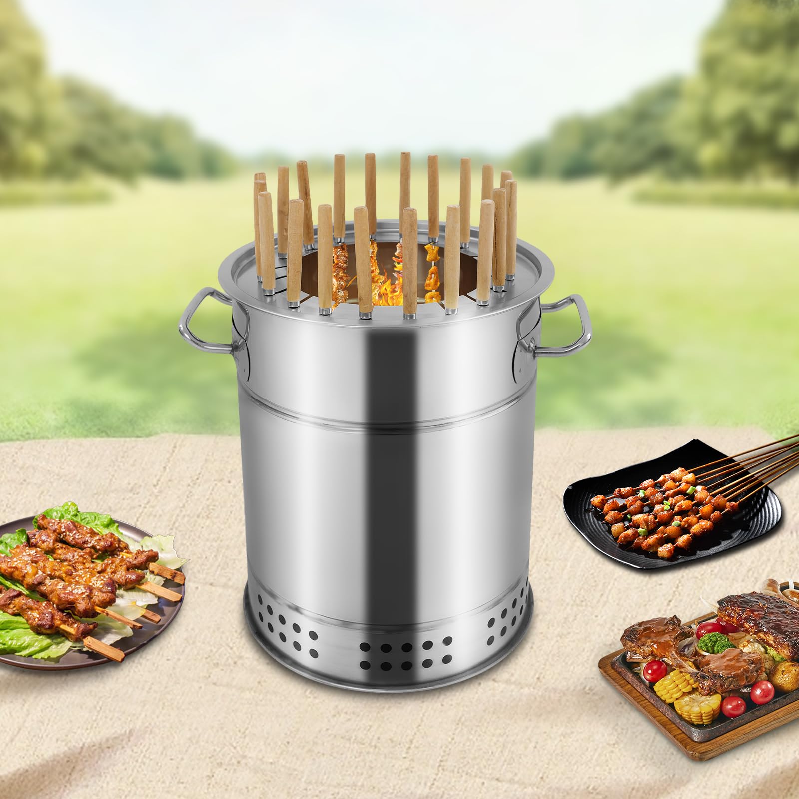 banborba Portable Smokeless Barbecue Charcoal Barrel Grill, Stainless Steel Surround Charcoal Kebab Grill with 20 Skewers for Picnics, Camping, BBQ, 11.8 x 13.4in