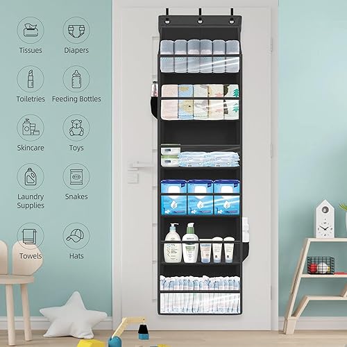 Miniatura 6 de Organizador de puerta con 6 bolsillos extra grandes, 12 bolsillos laterales, estante de almacenamiento resistente para armario, organizador de