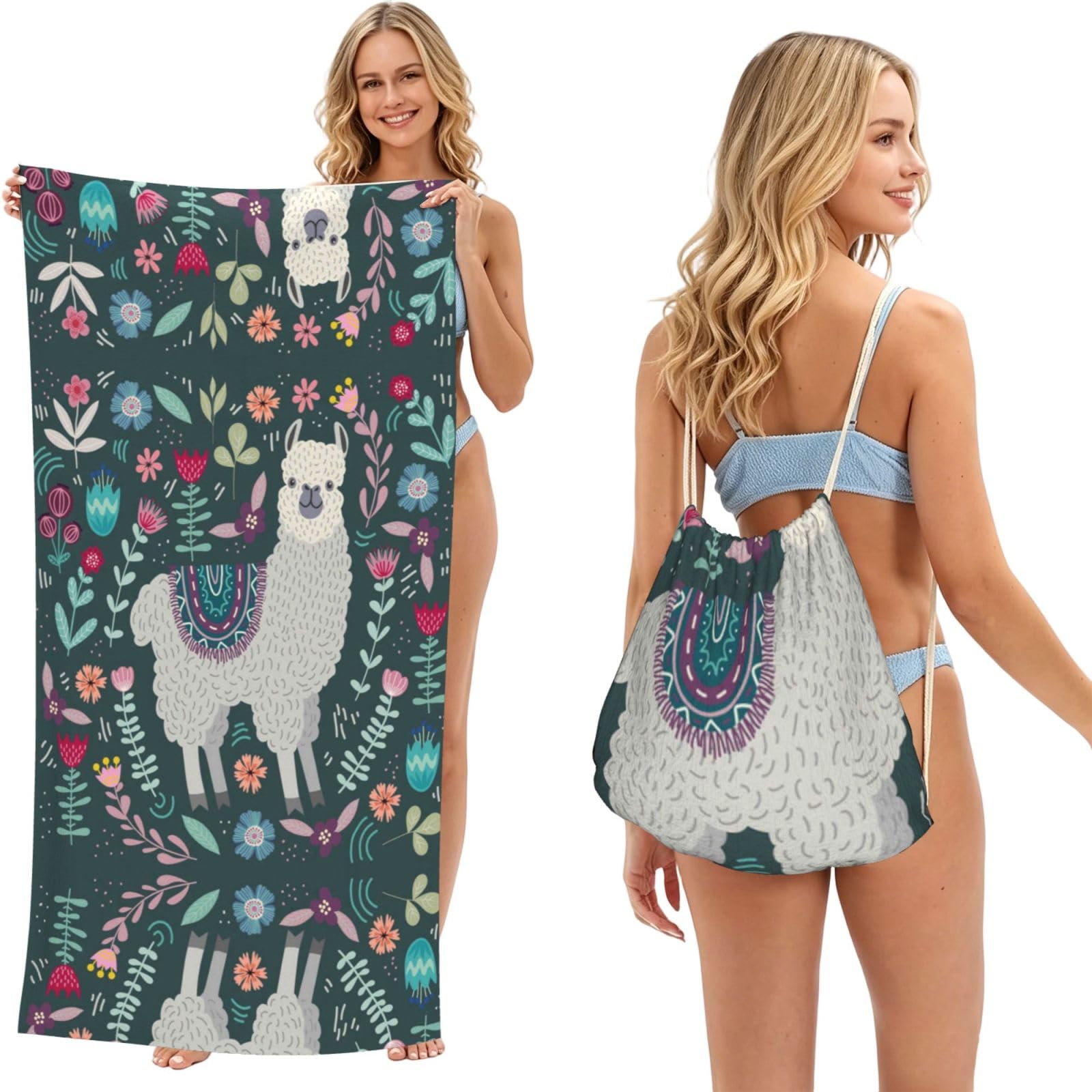 SATUSA Flower Alpaca Print 2-In-1 Foldable Beach Towel Backpack â€“ Camping, Yoga And Travel,Bath Towel With Built-In Storage, Convertible Beach Mat & Carry Bag