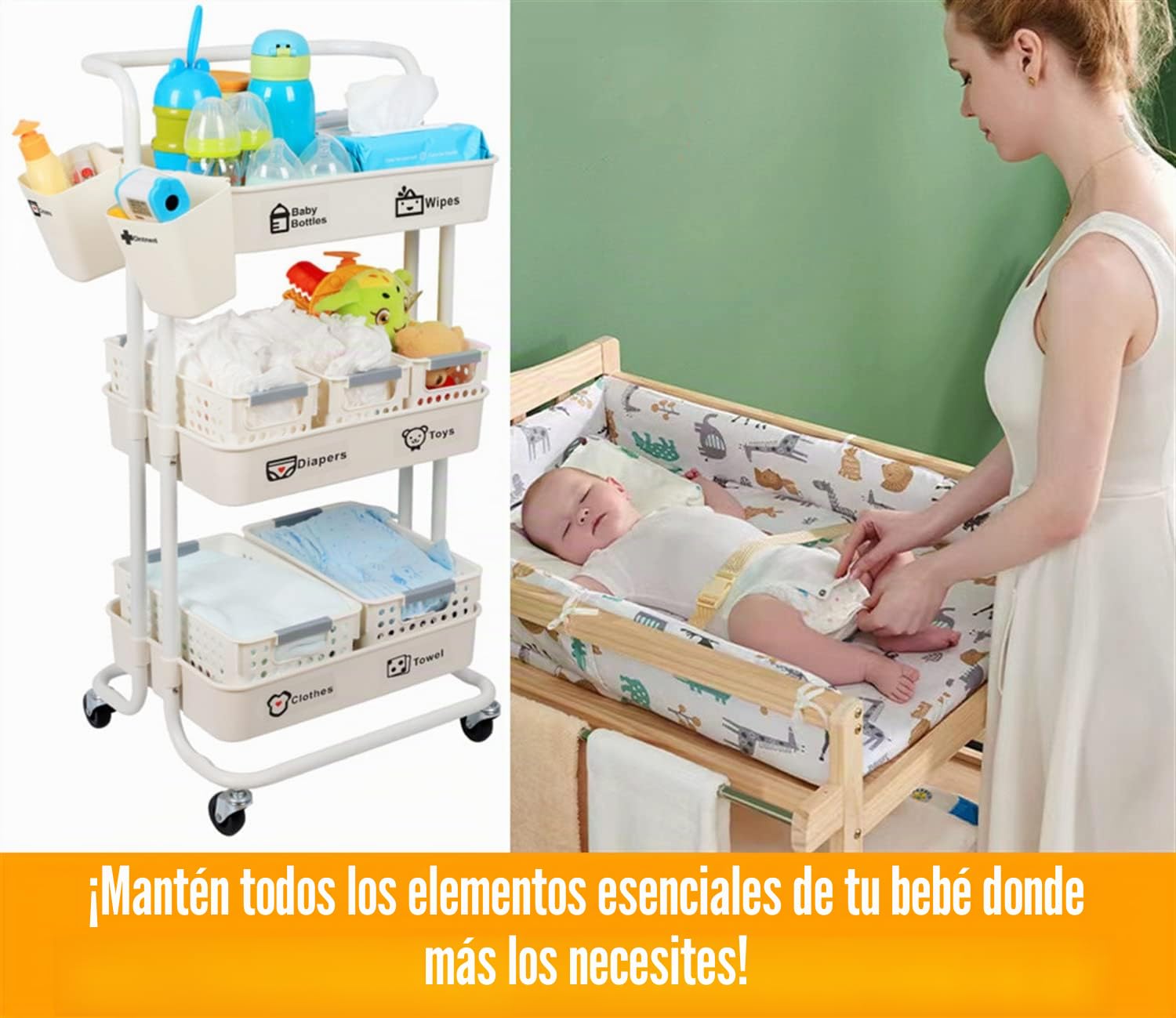 Carrito Organizador de Pañales para Bebés Multifunción, Carrito de Almacenamiento de 3 Niveles Guardería para Bebés Recién Nacidos, para Cambiador y Cuna, Fácil de Montar