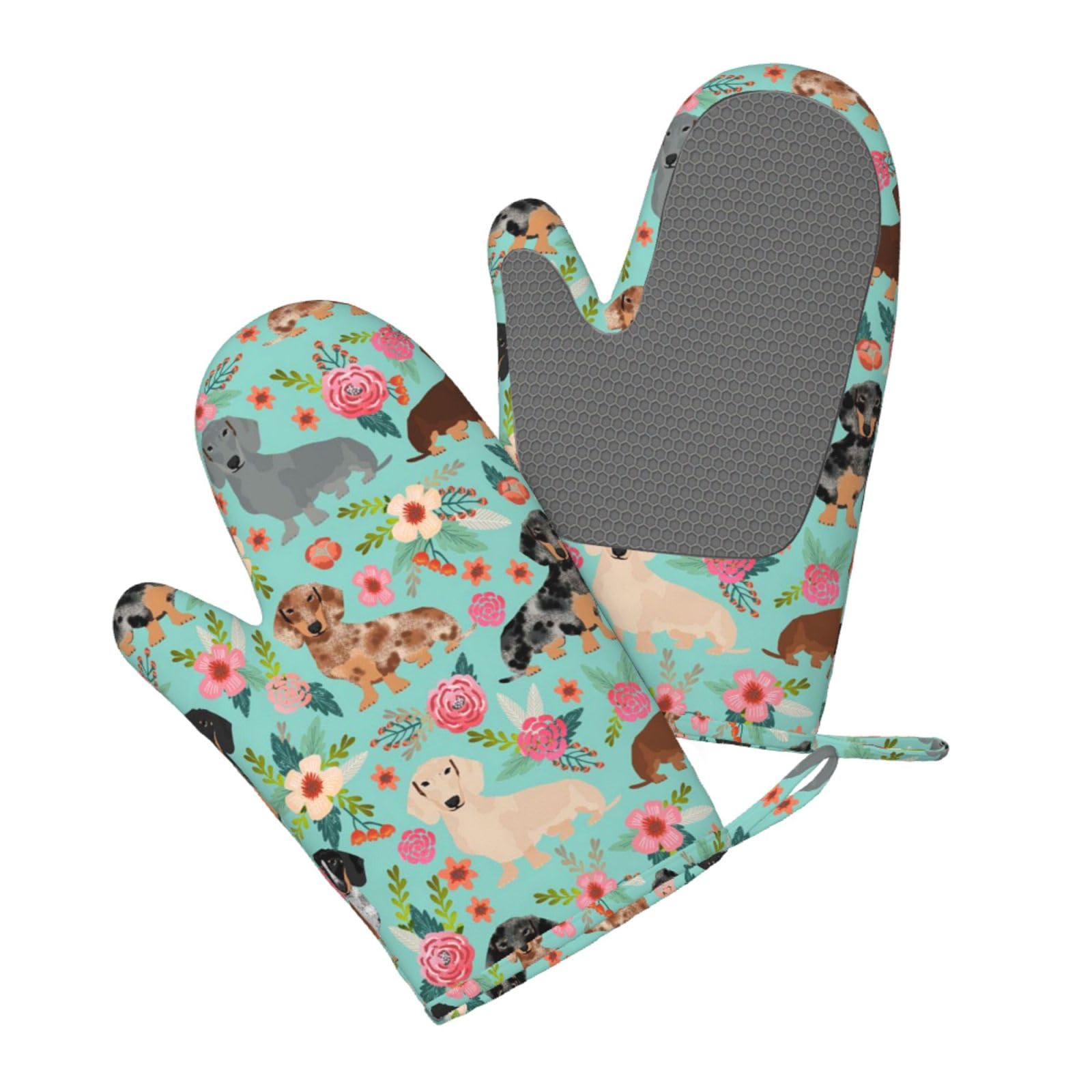 Aqrjlpo Women's Dachshund Silicone Oven Mitts Set 2Pcs, Printed Heat Resistant Non-Slip Silicone Oven Gloves For Kitchen Cooking Baking Microwave
