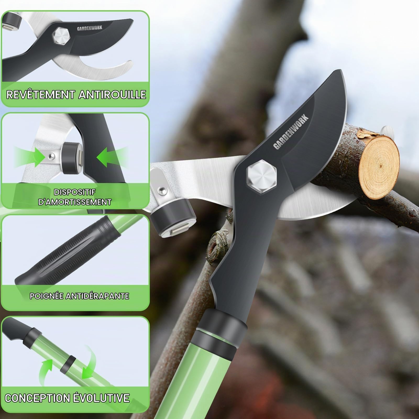 GARDENWORK Coupe-branches extensible avec action composée, 43,2 à 58,4 cm, lame tranchante SK5 pour couper des arbustes et des branches de 5,1 cm