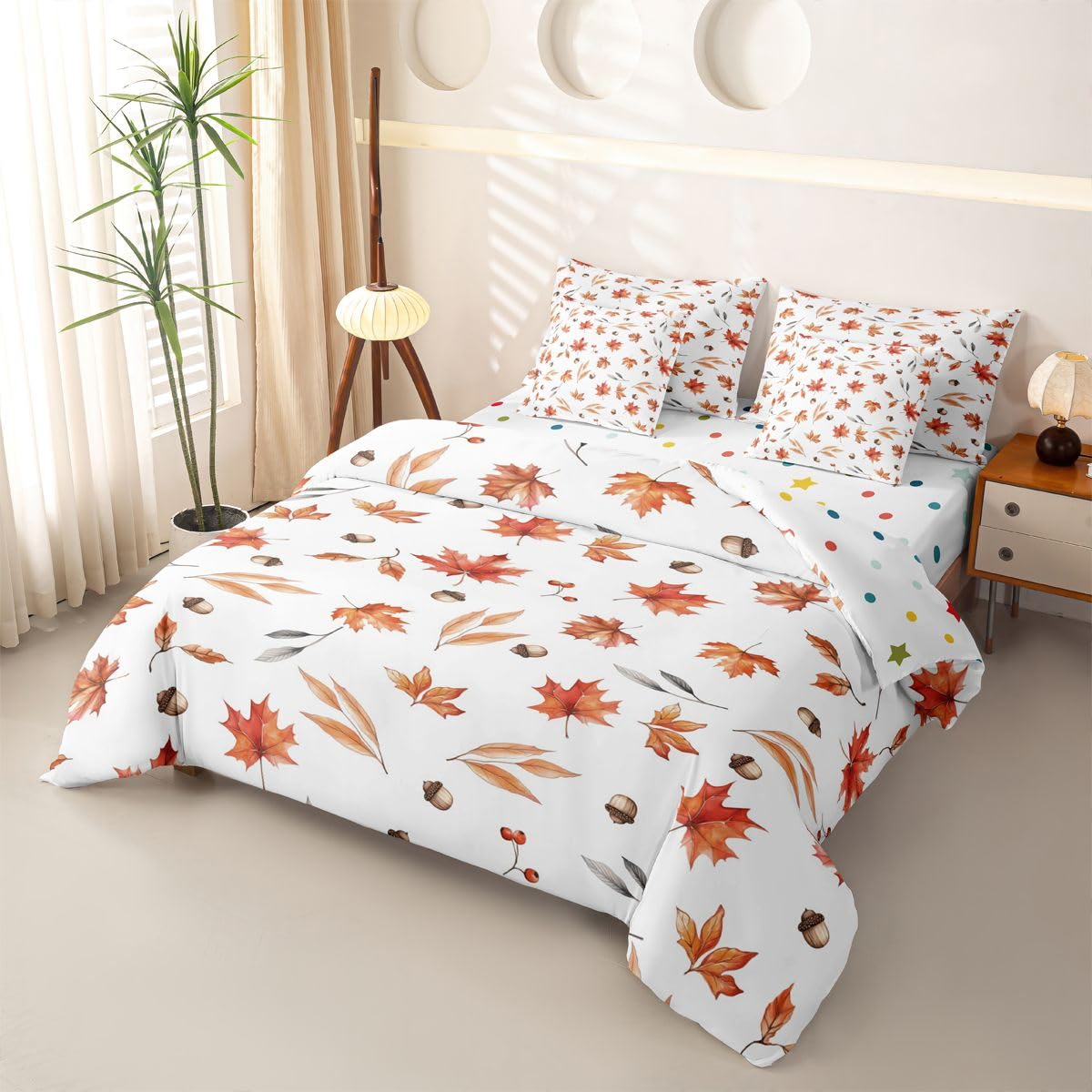 Loussiesd Set di biancheria da letto con copripiumino autunnale con lenzuola, 7 pezzi, per letto singolo con foglie d'acero, per bambini, ragazzi e ragazze, letto del Ringraziamento, in morbida