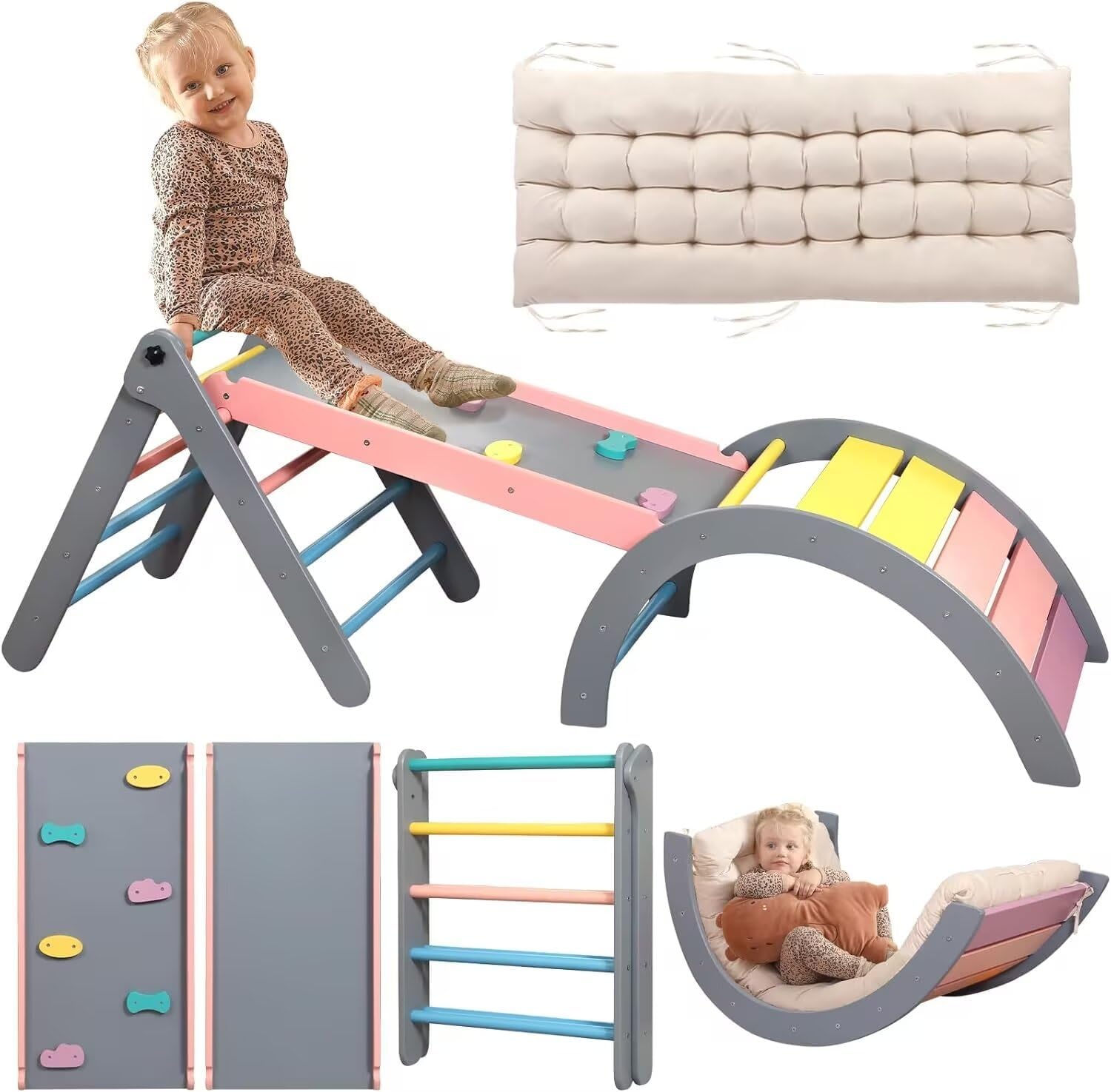 Pikler Triangle Set with Cushion, 7 in 1 Toddler Climbing Toys Indoor, Montessori Foldable Climbing Set, Wooden Climbing Toys for Toddlers 1-3 Inside with Ramp, Arch and Ladder (Rainbow with Blue)