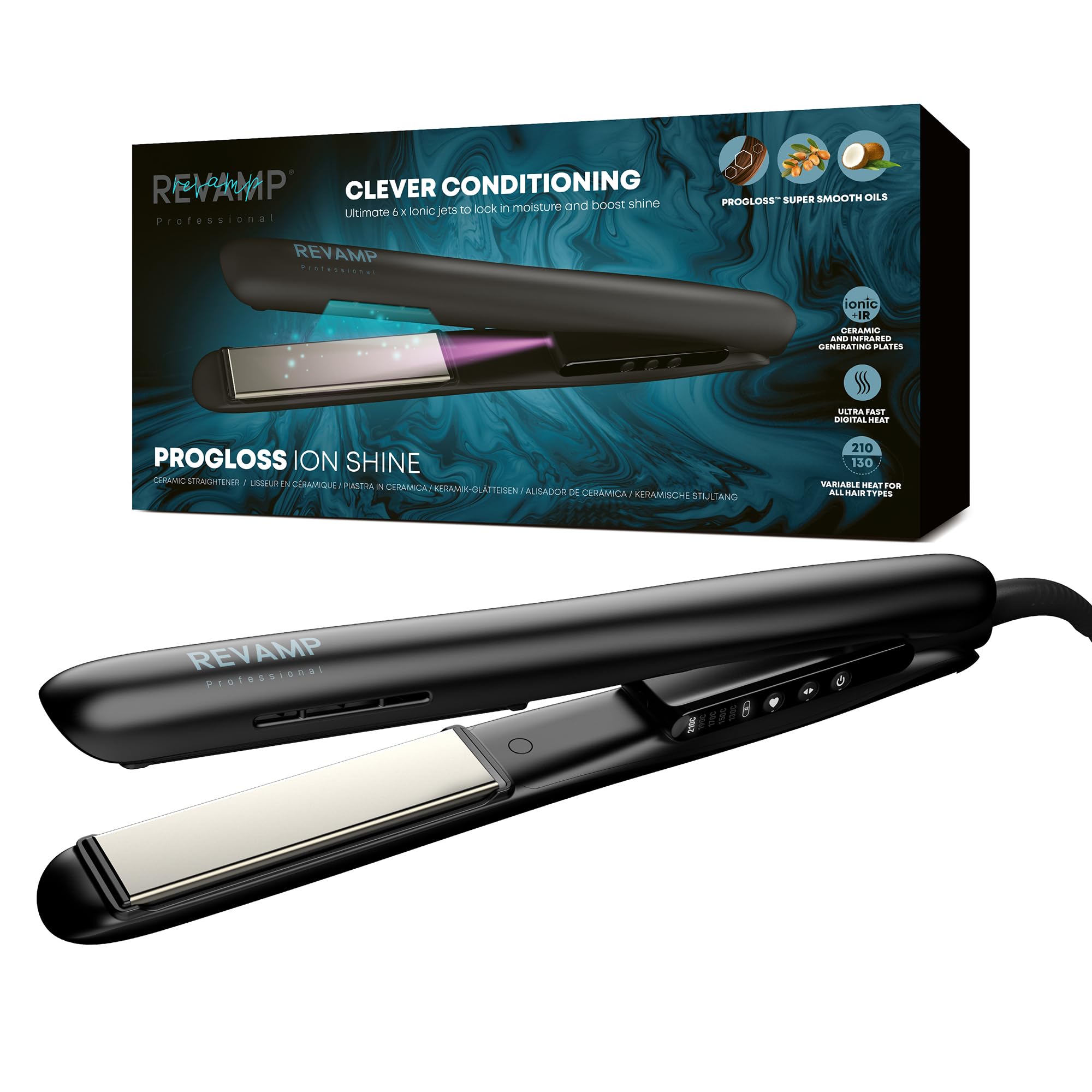 REVAMP Ion Shine Ceramic Hair Straighteners, Infrared and Ionic Technology for Sleek Frizz-Free Results, Infused with Smooth Keratin, Argan and Coconut Oils, Variable Heat, for All Hair Types, Black