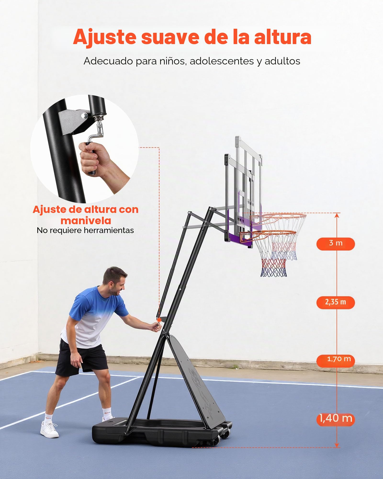 VEVOR Canasta de Baloncesto Portátil, Aro de Baloncesto Ajustable en Altura Manual hasta 3,05 m, con Tablero de Policarbonato de 1219,2 mm, Ideal para Terrazas y Colegios, 1210 x 2060 x 3650 mm