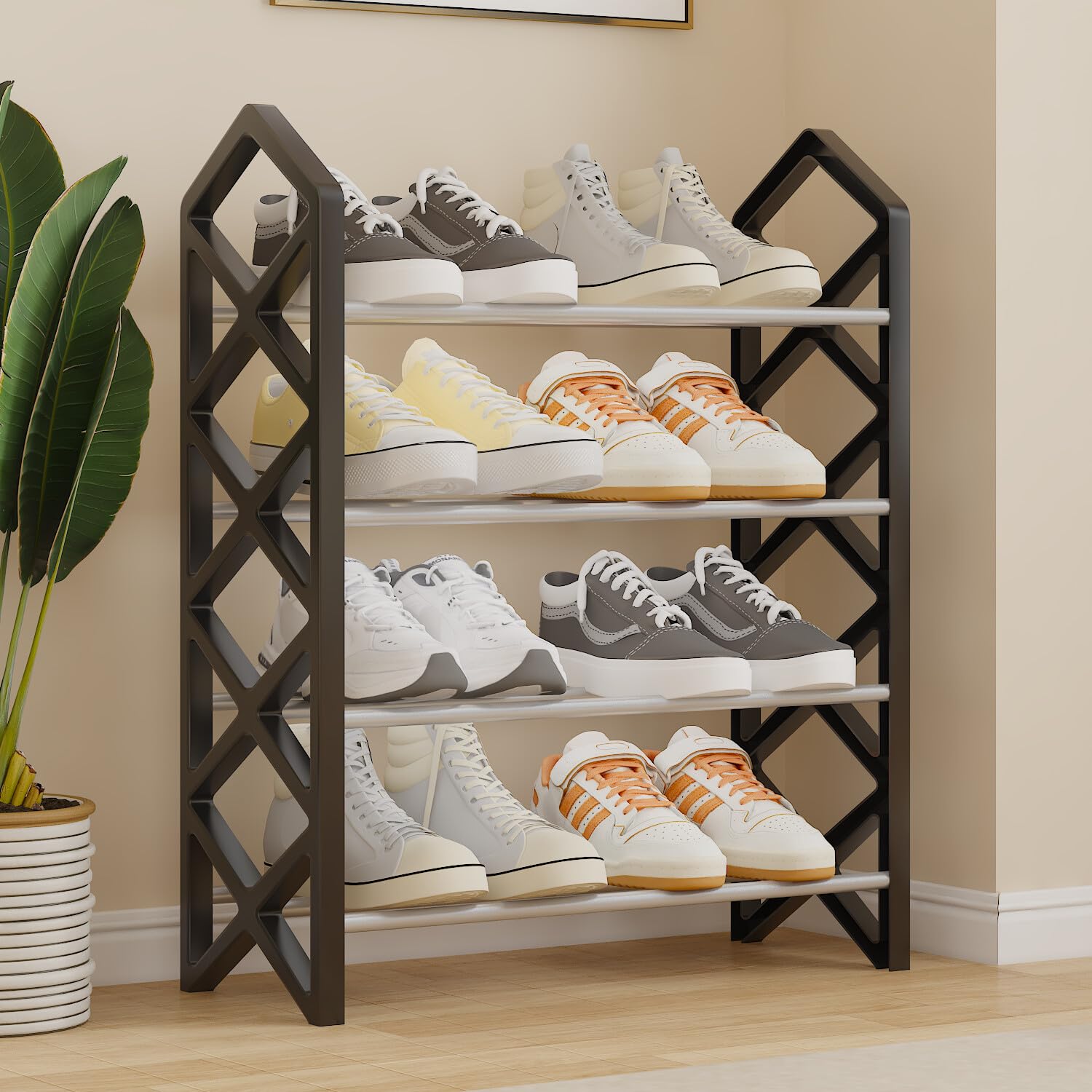 4-Tier Shoe Storage Rack | Space-Saving Free-Standing Shoe Organizer | Durable Metal Frame with Open Shelves | Ideal for Entryway, Closet, Bedroom (Diamond-Black, 4 Tier)