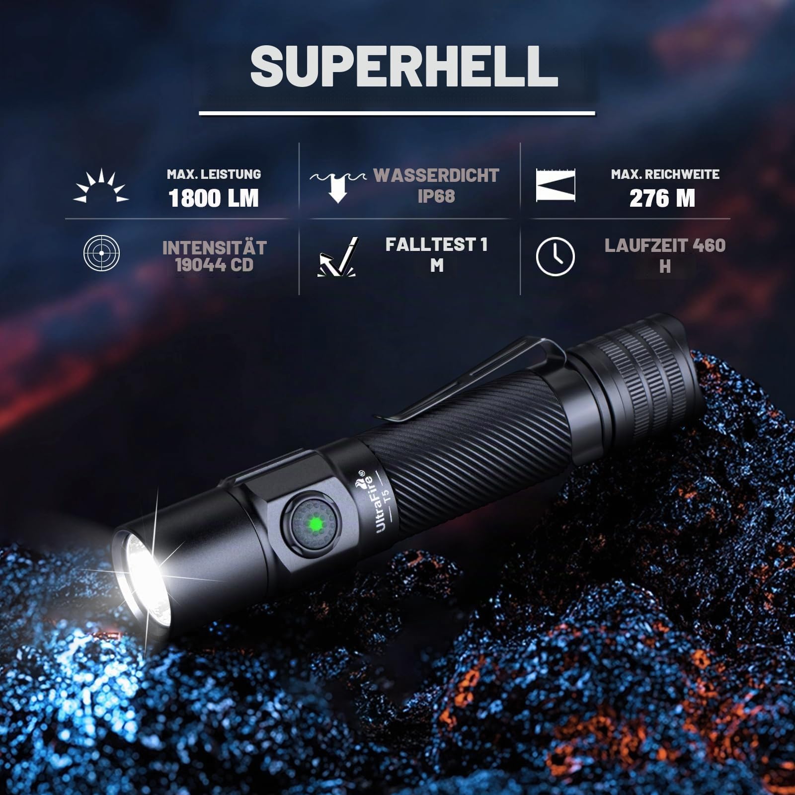 UltraFire Wiederaufladbare Taktische Taschenlampe mit Holster, 1800 Lumen 5 Modi Polizei Taschenlampe, Doppelschalter LED Taschenlampe für Strafverfolgung Camping Outdoor T5