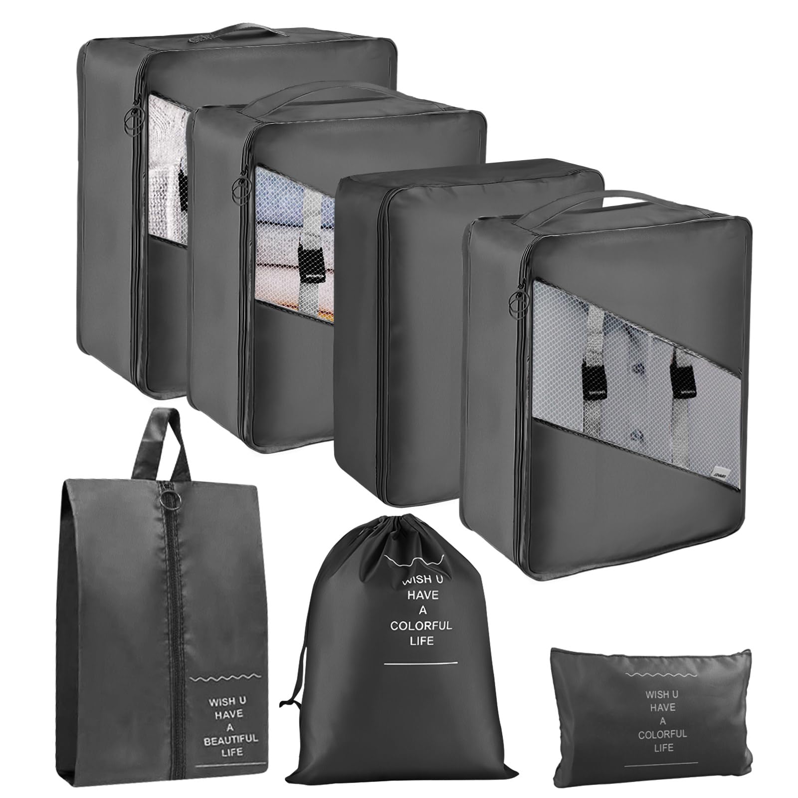 YEEYAA 7 Set Packing Cubes for Travel, Travel Organizer for Suitcase, Luggage, Travel Bags for Carry on, Waterproof Travel Essential with Laundry Bag, Shoe Bag, Storage Clothes Bag for Women & Men